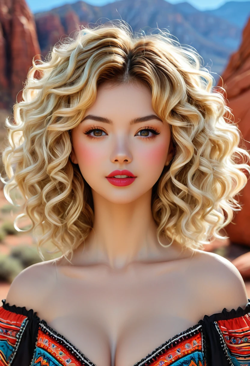 ful length photo. Beautiful boho women stunning merge of Masiela Lusha with colorful southwestern style dress and skirt, with navaho sandles, ful length. colorful southwestern earing and. jewelry, blond colored hair that is coarse, wiry, and tightly curled. It often has a rough texture, feels stiff to the touch, and may be prone to frizz and tangling. The curls can be densely packed. cute, girly, sexy. The Official Art – An Award-Winning Digital Masterpiece In 4K Ultra HD, Extreme Detail And Intricate Realism. symmetrical face. This Concept Art Brought To Life By The Hands Of Artists Like Wlop & Artgerm In A Stunning 2D Vector Illustration. large, perky, full, vuluptious, symmetrical and spherical breasts. Background is a beautiful panoramic vista of a red rock canyon.
