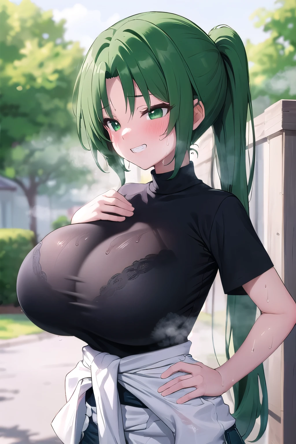 masterpiece, best quality, ultra-detailed, 1girl,  Mion Sonozaki, green hair, green eyes, ponytail,tee, jeans,(large breasts:1.2),ample breast,huge breast,round breast,Stylish,(thin_Waist:1.5),curvin waist,wide tits,big tits,Grin,Nice body,outdoors,Upper Body,(breast focus),hands own breast,squeeze breast,blush,sweat,steam,breath,bra under the shirt,Wet,((Underwear lines showing through shirts))