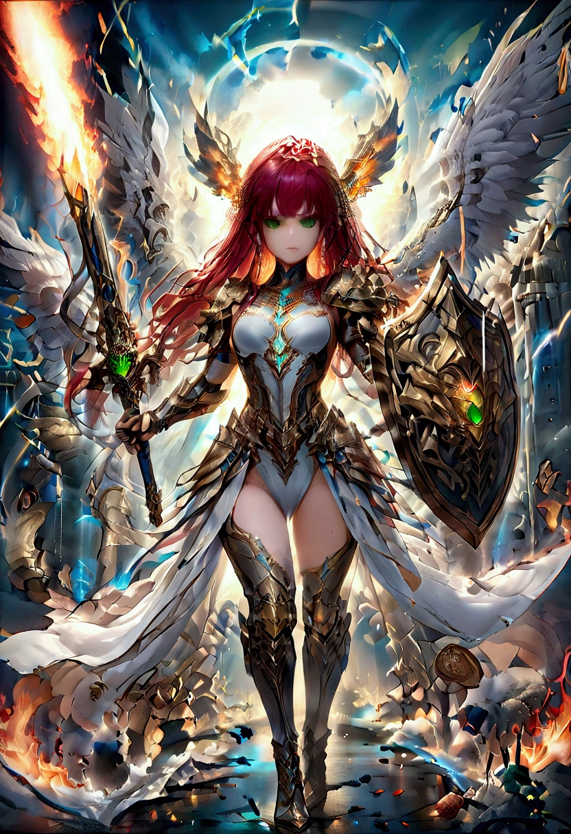 16K, Super detailed, masterpiece, Highest quality, (Very detailed), Arafed, dnd art, panoramic, whole body, Aasimar, woman, (masterpiece, intense details:1.3), woman, Warrior of God, Holding ((Burning Blade: 1.5)) (masterpiece, intense details:1.3) large feathers,(white: 1.3) angelic wings spread (masterpiece, intense details:1.3), fantasy magic heaven background (masterpiece, intense details:1.3), moon, performer, cloud, wear (Azure Armor: 1.3) (masterpiece, intense details:1.3), Elegant high heel boots (masterpiece, intense details:1.3), Armed with a sword, (Redhead: 1.4), (Green Eyes: 1.4), Strong Eyes, 超woman的, Super detailed face, (masterpiece, intense details:1.5), (Anatomically correct: 1.5), Face of determination, Divine Light, Cinema Lighting, Soft Light, silhouette, Photorealism, panoramic ((masterpiece, intense details:1.3) , Wide-angle, Ultra Wide Angle, 16K, High resolution, Highest quality, Interested, 2.5D Rendering, Phoenix dress, Sword＆shield
