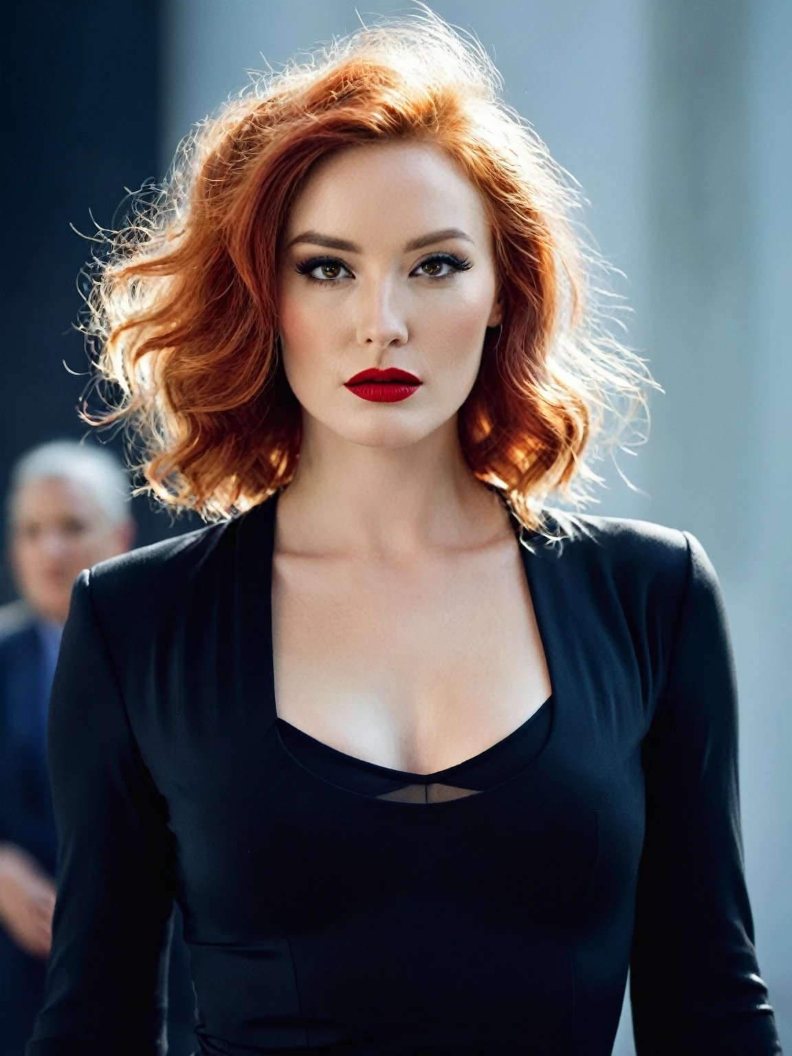 A woman with fiery red hair, styled in loose curls, and piercing dark eyes, wears a black dress with a plunging neckline.  Her lips are painted a bold red, adding a touch of drama to her look. Her gaze is intense, her expression a mix of confidence and vulnerability. The lighting is soft and natural, highlighting her features and the textures of her hair and clothing. 

[A portrait capturing the essence of timeless beauty and allure, reminiscent of the work of  Helmut Newton], [Soft, diffused lighting, emphasizing the textures of the fabric and the woman's skin, with a blurred background, creating a sense of depth and mystery. The colors are rich and saturated, evoking a sense of glamour and sophistication.]