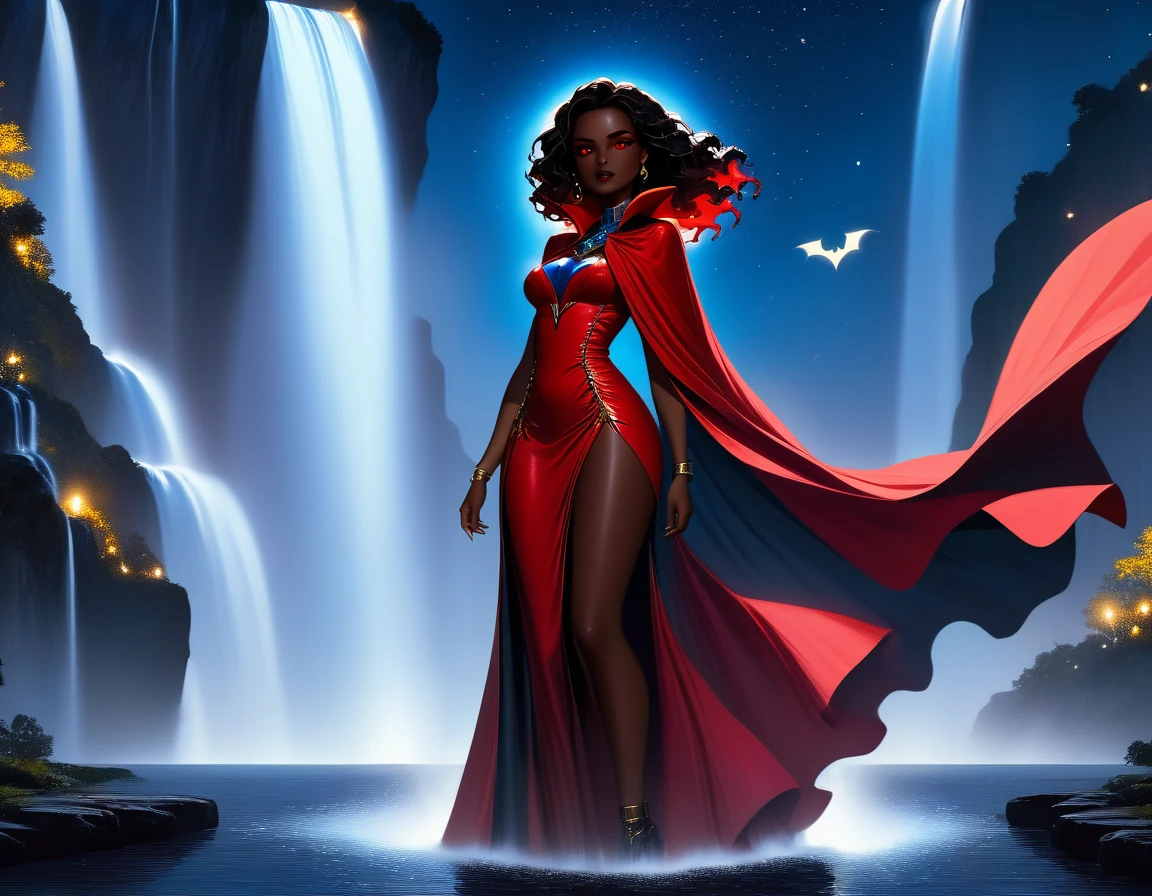  picture of an exquisite beautiful African female vampire standing under the starry night sky at the base of the waterfall, dynamic angle (ultra detailed, Masterpiece, best quality), ultra feminine, (black skin: 1.3), dynamic hair color, wavy hair, dynamic eyes color, cold eyes, (glowing red eyes: 1.3), intense eyes, dark red lips, wearing dynamic color dress dress (ultra detailed, Masterpiece, best quality), wearing blue cloak (ultra detailed, Masterpiece, best quality), long cloak, flowing cloak (ultra detailed, Masterpiece, best quality), wearing high heeled boots, water coming down from a mountain, multi level water falls, several pools created in different levels, forming new waterfalls, water cascading into a pool steam rising, clear water in many hues of blue and azure falling, ultra best realistic, best details, best quality, 16k, [ultra detailed], masterpiece, best quality, (extremely detailed), ultra wide shot, photorealism, depth of field, hyper realistic painting, sky full of stars background, moon, bats flying about, high details, best quality, 8k, [ultra detailed], masterpiece, best quality, (ultra detailed), full body, ultra wide shot, photorealism, dark fantasy art, dark fantasy art, gothic art, many stars, dark fantasy art, gothic art, sense of dread, Intense gaze, Mj Osea Style