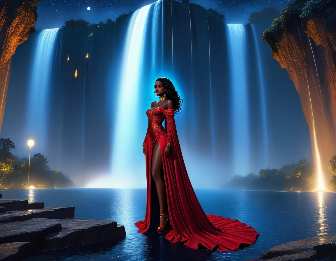  picture of an exquisite beautiful African female vampire standing under the starry night sky at the base of the waterfall, dynamic angle (ultra detailed, Masterpiece, best quality), ultra feminine, (black skin: 1.3), dynamic hair color, wavy hair, dynamic eyes color, cold eyes, (glowing red eyes: 1.3), intense eyes, dark red lips, busty, wearing dynamic color dress dress (ultra detailed, Masterpiece, best quality), wearing blue cloak (ultra detailed, Masterpiece, best quality), long cloak, flowing cloak (ultra detailed, Masterpiece, best quality), wearing high heeled boots, water coming down from a mountain, multi level water falls, several pools created in different levels, forming new waterfalls, water cascading into a pool steam rising, clear water in many hues of blue and azure falling, ultra best realistic, best details, best quality, 16k, [ultra detailed], masterpiece, best quality, (extremely detailed), ultra wide shot, photorealism, depth of field, hyper realistic painting, sky full of stars background, moon, bats flying about, high details, best quality, 8k, [ultra detailed], masterpiece, best quality, (ultra detailed), full body, ultra wide shot, photorealism, dark fantasy art, dark fantasy art, gothic art, many stars, dark fantasy art, gothic art, sense of dread, Intense gaze, Mj Osea Style