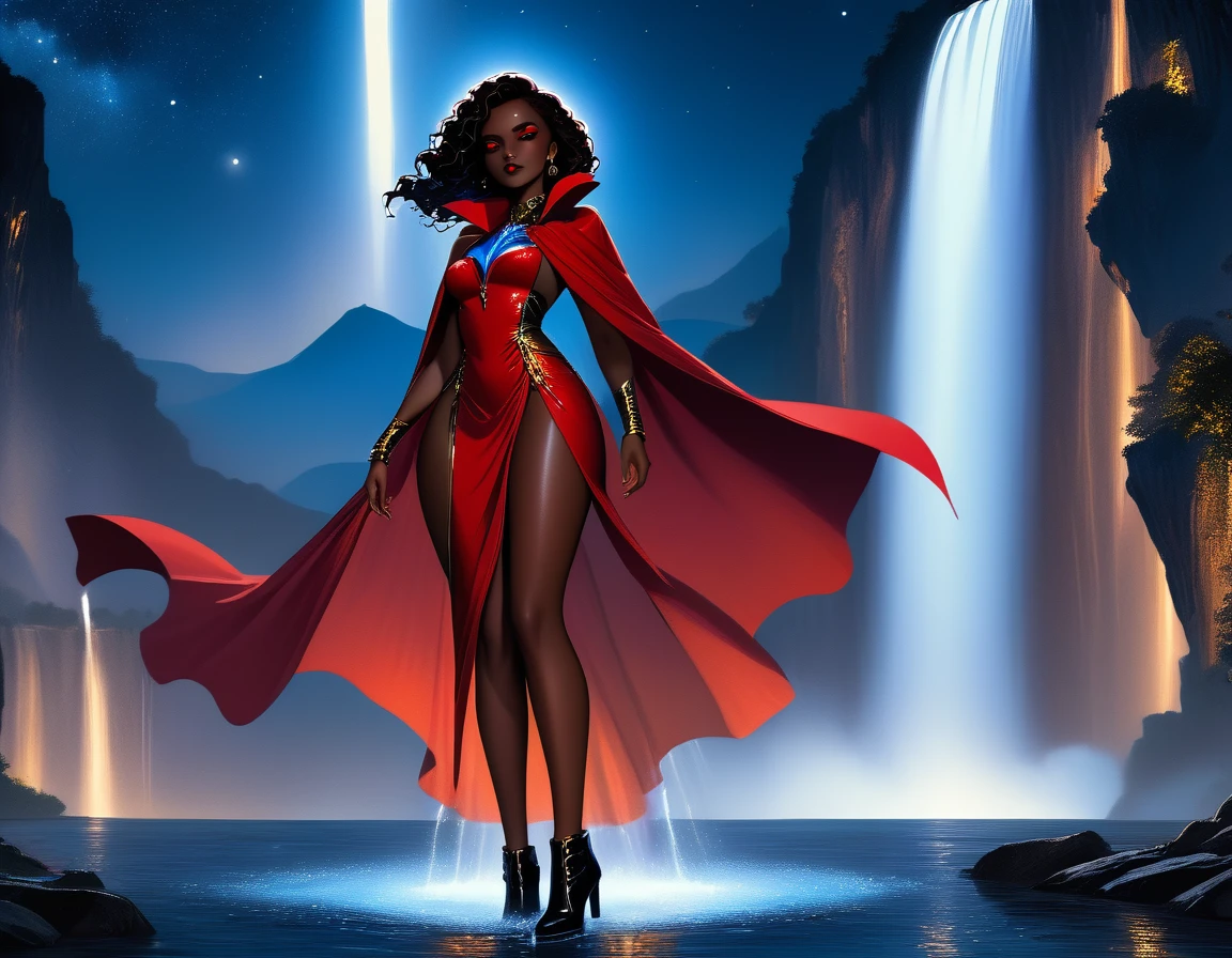  picture of an exquisite beautiful African female vampire standing under the starry night sky at the base of the waterfall, dynamic angle (ultra detailed, Masterpiece, best quality), ultra feminine, (black skin: 1.3), dynamic hair color, wavy hair, dynamic eyes color, cold eyes, (glowing red eyes: 1.3), intense eyes, dark red lips, wearing dynamic color dress dress (ultra detailed, Masterpiece, best quality), wearing blue cloak (ultra detailed, Masterpiece, best quality), long cloak, flowing cloak (ultra detailed, Masterpiece, best quality), wearing high heeled boots, water coming down from a mountain, multi level water falls, several pools created in different levels, forming new waterfalls, water cascading into a pool steam rising, clear water in many hues of blue and azure falling, ultra best realistic, best details, best quality, 16k, [ultra detailed], masterpiece, best quality, (extremely detailed), ultra wide shot, photorealism, depth of field, hyper realistic painting, sky full of stars background, moon, bats flying about, high details, best quality, 8k, [ultra detailed], masterpiece, best quality, (ultra detailed), full body, ultra wide shot, photorealism, dark fantasy art, dark fantasy art, gothic art, many stars, dark fantasy art, gothic art, sense of dread, Intense gaze, Mj Osea Style