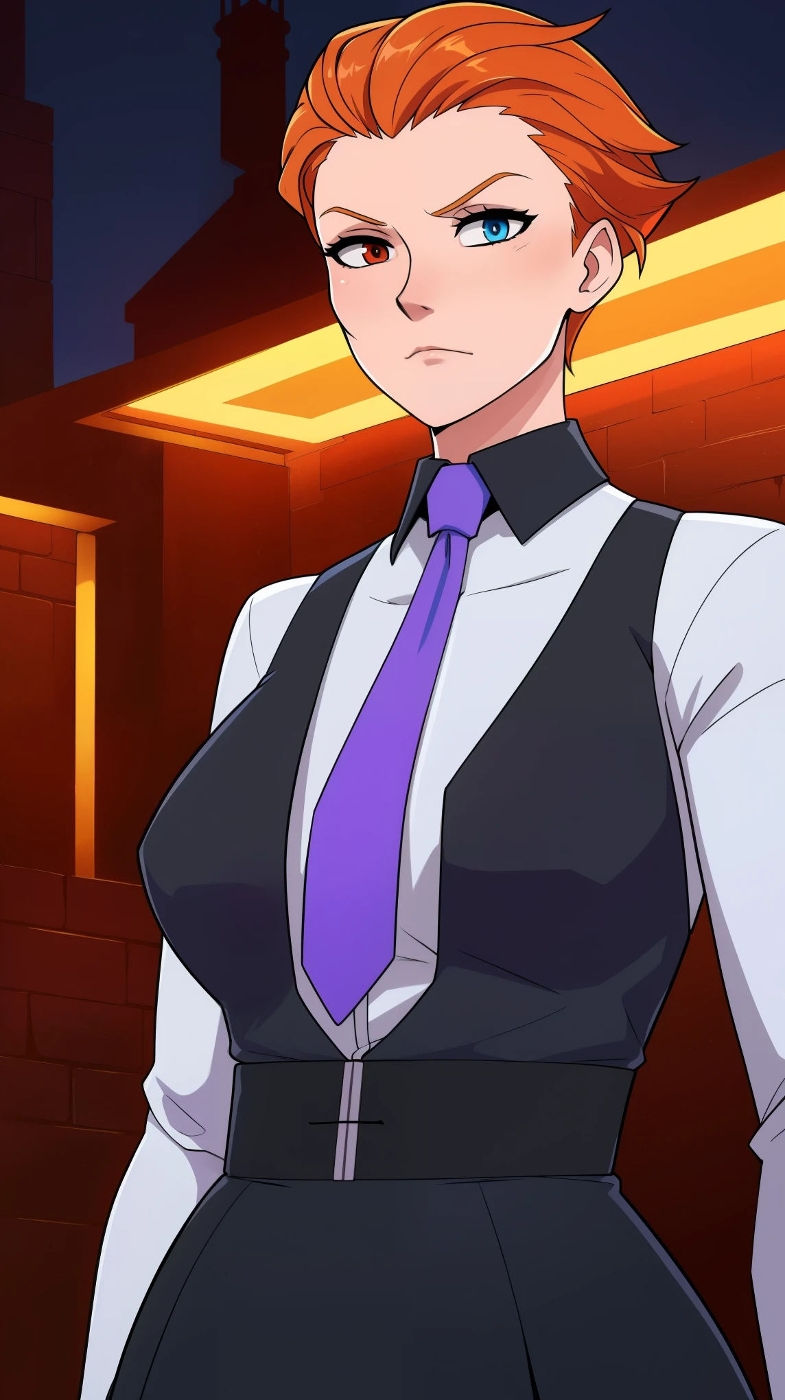 moria,heterochromia,short hair,orange hair,red eye,blue eyes,
standing,upper body,
black dress shirt,purple tie,
night,
(insanely detailed, masterpiece, best quality),solo,