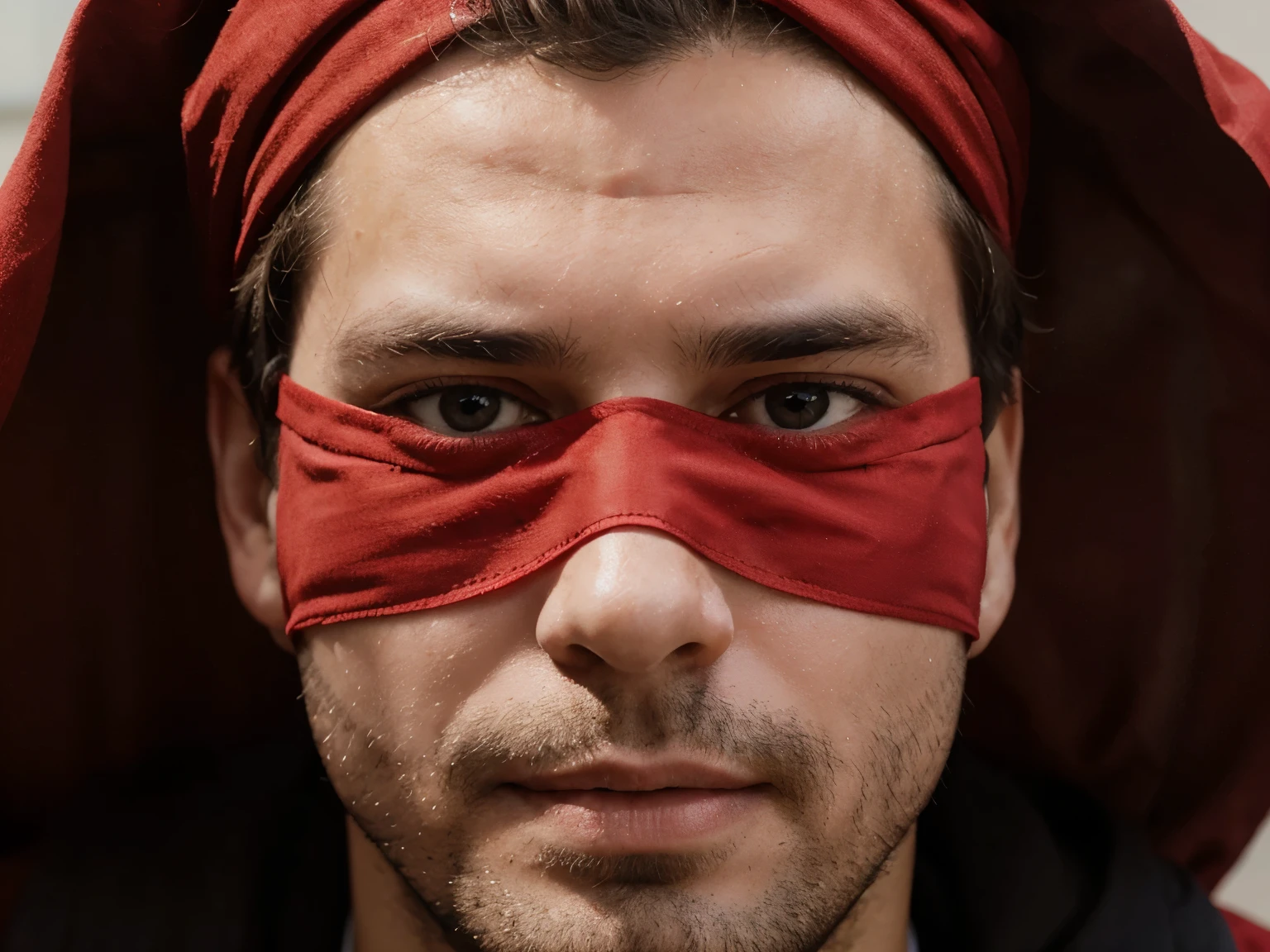((8k quality)), ((masterpiece)), (for Facebook profile,, Dictator), A boy blindfolded with red cloth, For Dictator