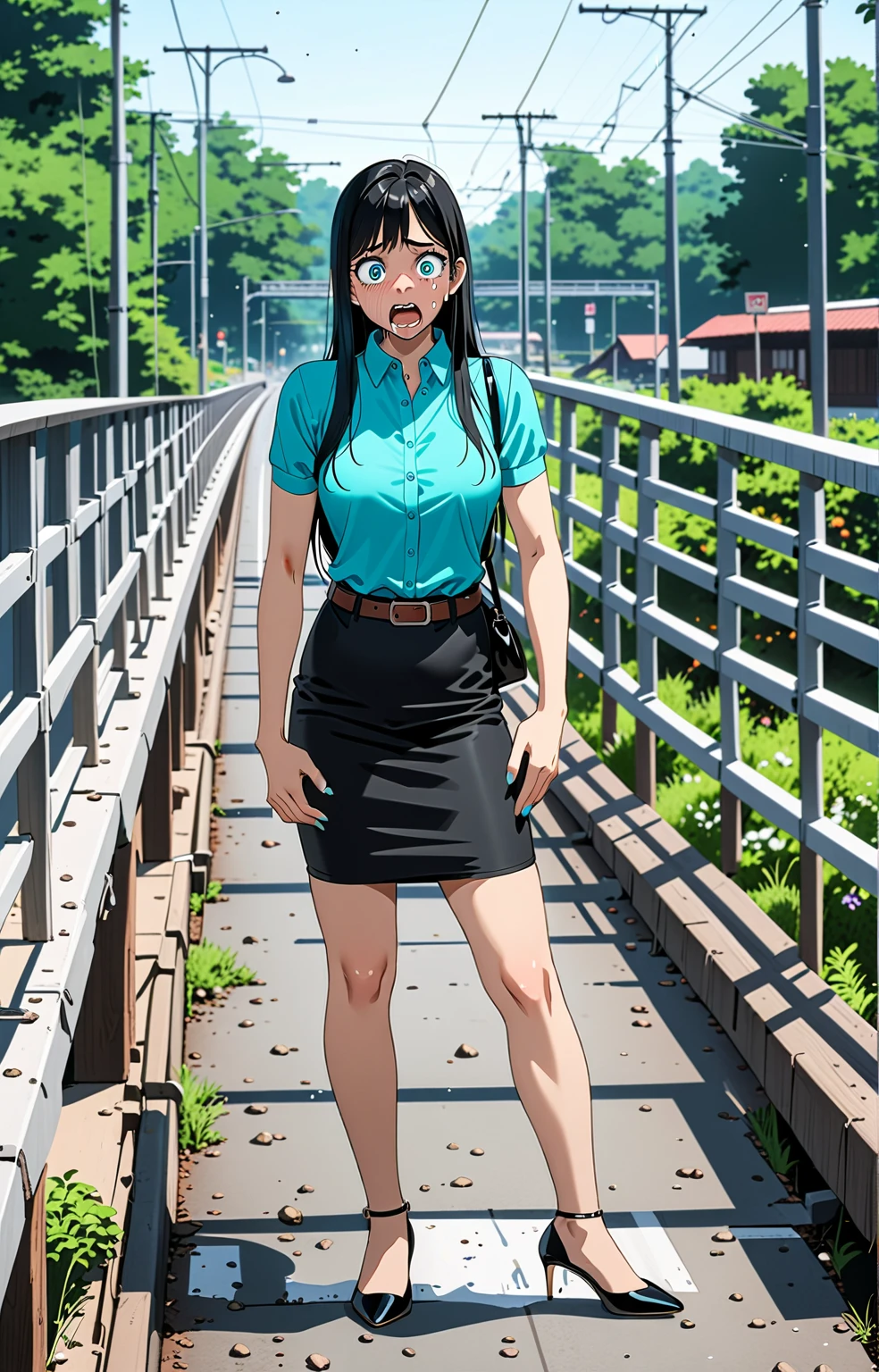 realistic anime of a beautiful latin woman is standing and carrying black bag on footbridge with crying and scared expression, (she has black long straight hair), (wearing cyan short sleeve collared blouse, black pencil skirt with belt, black high heels), (1girl, solo, full body), (masterpiece, best quality, expressive eyes, perfect face, japanese anime style)