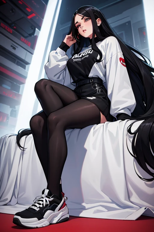 Age 22, White skin girl, almost speaks, Bblack hair, extremely long hair, Cramped, black pantyhose, black sneakers, Bblack hair, hair between the eyes, White hair, cloused mouth, range, cabelo bagunçado saia formal Bblack hair grande extremely long hair olhos cinzas1