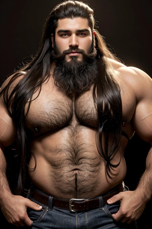 Big, hunky guy with dark skin, long hair and a big beard