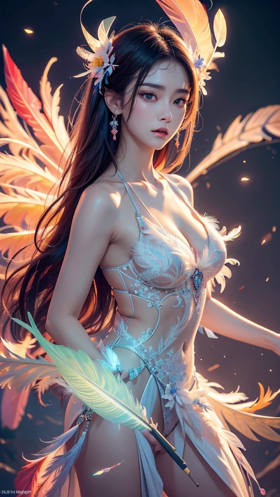 (masterpiece, top quality, best quality, official art, beautiful and aesthetic:1.2), (1 woman:1.3), very detailed,(fractal art:1.1),(fancy:1.1)(flowers:1.3),most detailed,(젠탱글 neon:1.2), (dynamic pose), (추상적 인 배경 neon:1.3), (glowing skin), (various colors:1.4), ,(earring), (feather:1.5) ,Phoenix Background,phoenix dress,neon,full hd