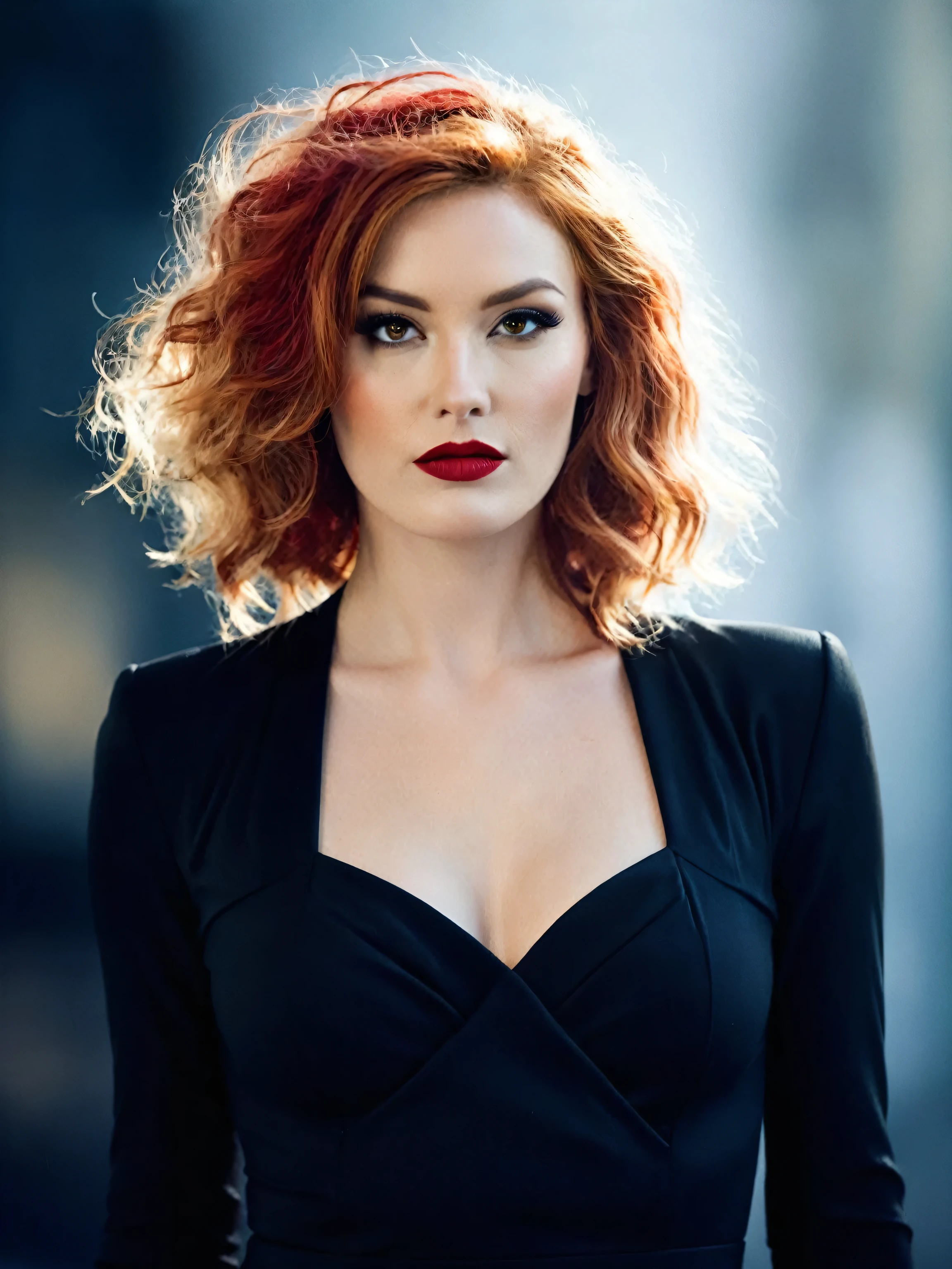 A woman with fiery red hair, styled in loose curls, and piercing dark eyes, wears a black dress with a plunging neckline.  Her lips are painted a bold red, adding a touch of drama to her look. Her gaze is intense, her expression a mix of confidence and vulnerability. The lighting is soft and natural, highlighting her features and the textures of her hair and clothing. 

[A portrait capturing the essence of timeless beauty and allure, reminiscent of the work of  Helmut Newton], [Soft, diffused lighting, emphasizing the textures of the fabric and the woman's skin, with a blurred background, creating a sense of depth and mystery. The colors are rich and saturated, evoking a sense of glamour and sophistication.]