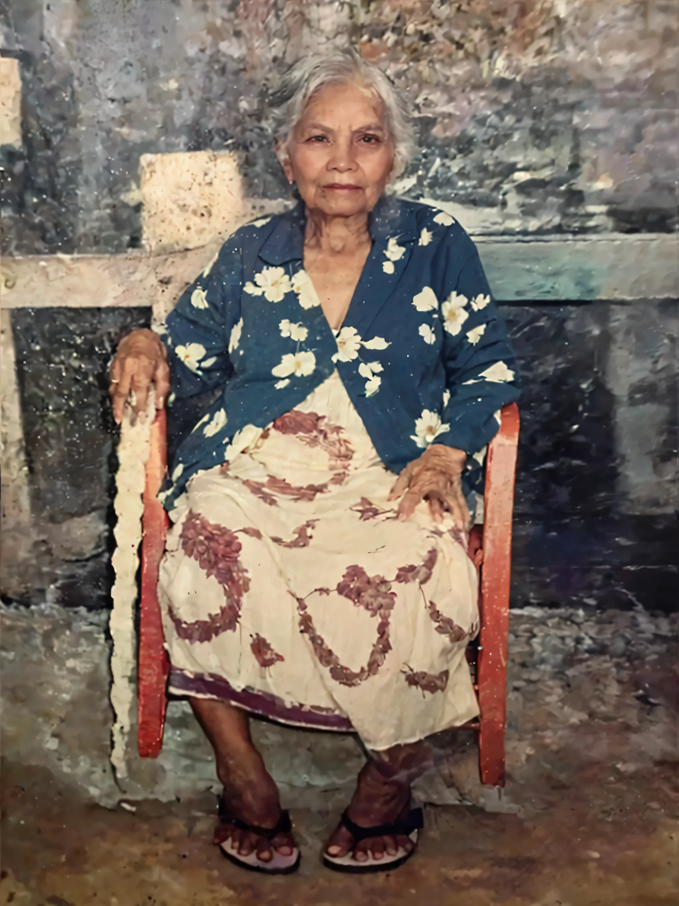 Make this photo look realictic, and detailed, there is a woman sitting in a chair with a cane, an old lady, she is about 7 0 years old, old lady, photo taken in 2 0 2 0, old woman, potrait, an old lady with red skin, photo of a woman, elderly woman, an elderly, barong family member, she is about 7 0 years old, perfect fingers, very detailed potrait, realistic portrait photo, close up potrait, profile portrait, very detailed face, very realistic face, very perfected face, very detailed clothes, very realistic clothes, very perfected clothes