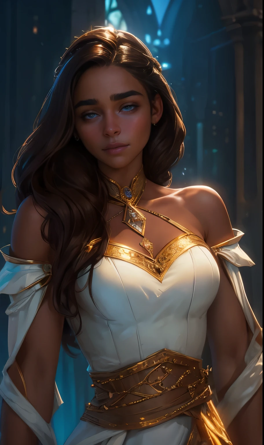 Neon, gold, blue, fantasy, waist-high, girl, young, teenager, cute face, with long brown hair, dark skin, in a light open white dress with a low neckline on the chest, with diamonds on the fabric, off the shoulders, gorgeous, face looks like Emilia Clarke, 8K, HD