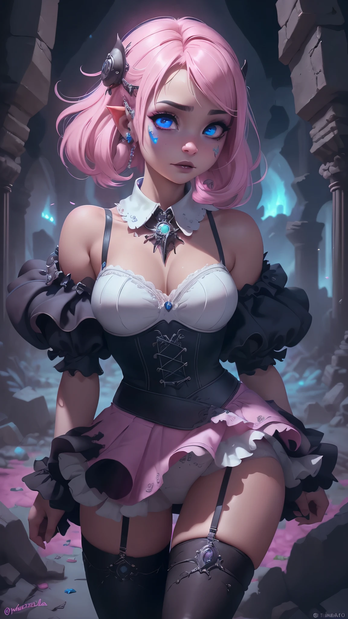 (La mejor calidad,A high resolution,Ultra - detallado,actual),Ariana Grande, (in the style of Tim Burton:1.4) , (mini skirt pink gothic :1.4) , (a hyper realism gothic anime girl:1.4) , (a punk rock creature:1.4) , cheeks flushed with colour, dark lips slightly parted, High cheekbones, surrounded by flecks of electrical sparks, (make up), high contrast, (better lighting, an extremely created and beautiful), (cinematic light), showy,,(Ruined dungeon ruins background:1.4 ), epic fantasy art style hd, 4K fantasy art, epic fantasy digital art style, epic fantasy art style, Fantasy Woman, epic fantasy art portrait, Epic fantasy style, hyperrealistic fantasy art, hd fantasy art, epic fantasy character art, epic fantasy art, in style of dark fantasy art, epic fantasy digital art,( cowboy pose :1.4), ,(Ruined dungeon ruins background caverna cueva pasillo :1.4 ), (detailed perfect anatomy :V2.1), (face detailed :1.4), (cinematic lighting :1.4), (bright colors neón ), (beautiful eyes detailed perfect :1.4), (skirt lifted by itself: 1.1), (skirt lift: 1.3), (showing white panties: 1.3), (Ariana Grande :1.4), More detailed 8K.motor irreal:1.4,UHD,La mejor calidad:1.4, fotorrealista:1.4, textura de la piel:1.4, obra maestra:1.8,obra-prima, mejor calidad,objeto Objeto], (detailed face features:1.3),(Las proporciones correctas),(Ojos hermosos azules detallado :1.4 ),  (pose vaquero), (estilo encaje lingerie :1.4), (panties white mostrando :1.4), (colores brillantes) 