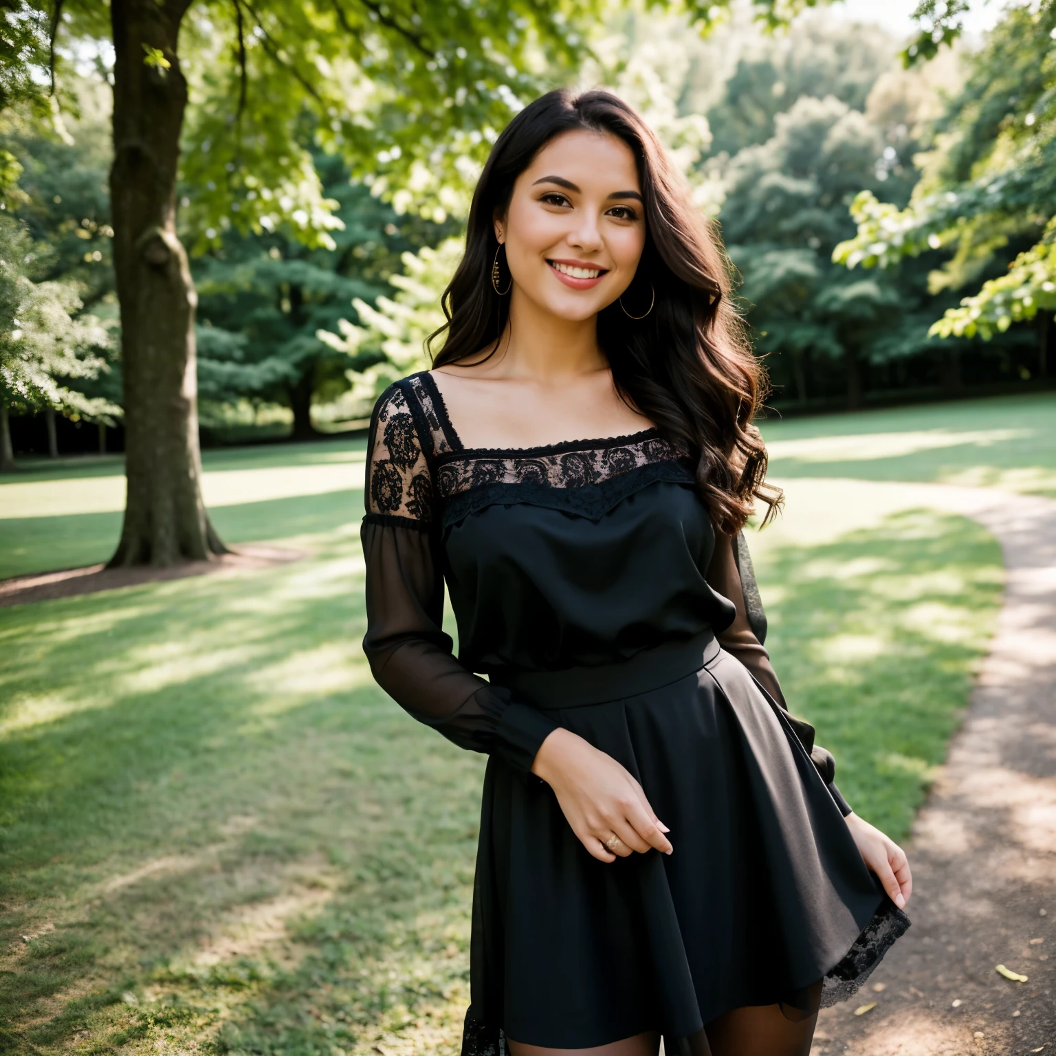 ((best quality)), ((masterpiece)), (detailed), full body portrait, In an outdoor park setting with lush green trees in the background, a woman with dark, wavy hair and a bright smile poses confidently, dressed in a black lace-sleeved top, a red skirt, black stockings with heart details, and black high heels, with one hand on her hip and the other touching her hair, captured from a medium distance.