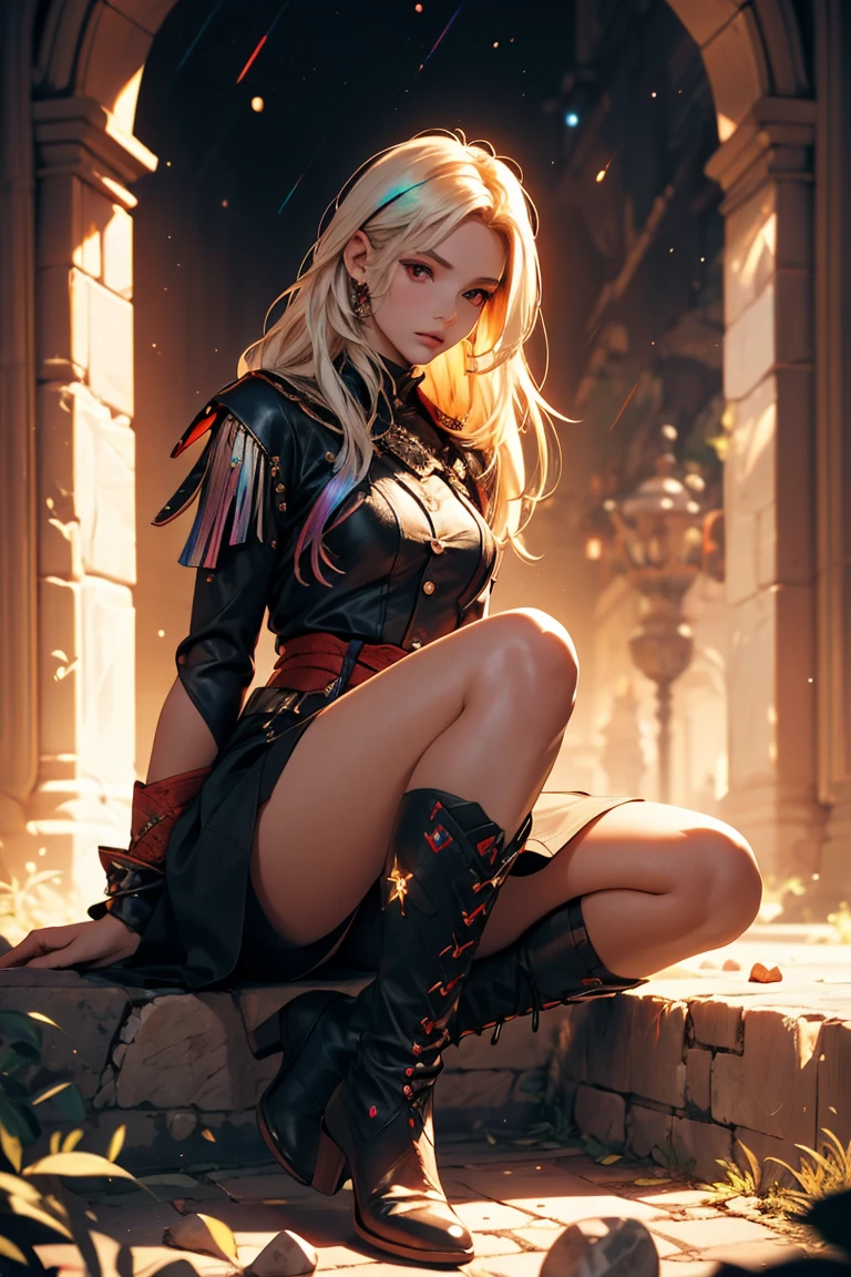 Girl with long white hair down to her waist, with small red details, red eyes, long black dress with a leg slit, with red details, long black boots up to below the knees, white skin, the ground around her is cracking and small stones are floating around her surrounded by a black aura, she is surrounded by shadows, and the background is dark like the night with the universe and stars, her presence causes fear, her shadow appears to be a monster, 8k, high quality, full body, (ultra-realistic), {extremely detailed 8k CG unit wallpaper}, expansive landscape photograph, (light: 2.0), (warm light source: 1.5), complex details, (iridescent colors: 1.5), (bright lighting), (atmospheric lighting), surreal, impressive, fantasy, (Solo: 1.2)