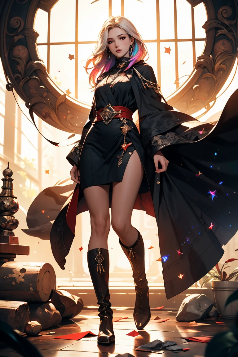 Girl with long white hair down to her waist, with small red details, red eyes, long black dress with a leg slit, with red details, long black boots up to below the knees, white skin, the ground around her is cracking and small stones are floating around her surrounded by a black aura, she is surrounded by shadows, and the background is dark like the night with the universe and stars, her presence causes fear, her shadow appears to be a monster, 8k, high quality, full body, (ultra-realistic), {extremely detailed 8k CG unit wallpaper}, expansive landscape photograph, (light: 2.0), (warm light source: 1.5), complex details, (iridescent colors: 1.5), (bright lighting), (atmospheric lighting), surreal, impressive, fantasy, (Solo: 1.2)