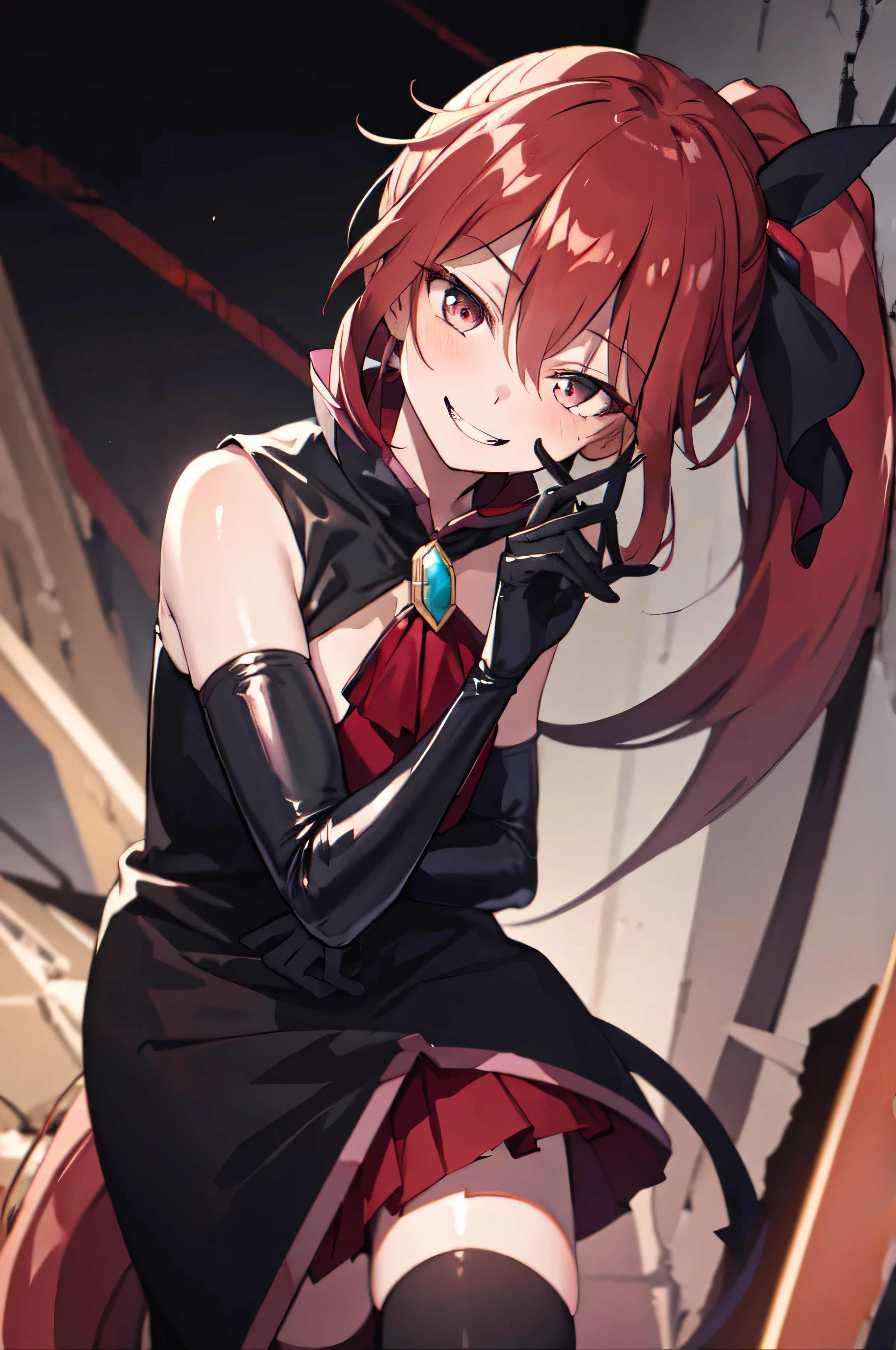 Highest quality, masterpiece, One Girl,Not beautiful, Red Ponytail, Long dress, brooch, Hair Ribbon, - Elbow hand pockets, Black knee socks, Standing on the rubble, (Wicked Smile:1.1), ,,Dark shadowed face,Sadistic smile,Malice,Contempt,smile,latex,Bad face,,Red Skirt,two hands,Two legs,five fingers,evil background,elbow gloves,latex, Wicked Smile, devilish aura (Shiny fabric:1.5),Dark world background,solo,