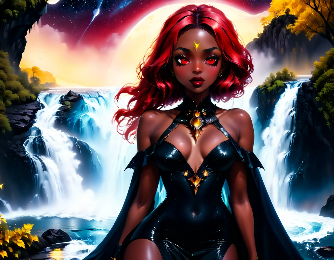  picture of an exquisite beautiful African female vampire standing under the starry night sky at the base of the waterfall, dynamic angle (ultra detailed, Masterpiece, best quality), ultra feminine, (black skin: 1.3), dynamic hair color, wavy hair, dynamic eyes color, cold eyes, (glowing red eyes: 1.1), intense eyes, dark red lips, wearing dynamic color dress dress (ultra detailed, Masterpiece, best quality), wearing blue cloak (ultra detailed, Masterpiece, best quality), long cloak, flowing cloak (ultra detailed, Masterpiece, best quality), wearing high heeled boots, water coming down from a mountain, multi level water falls, several pools created in different levels, forming new waterfalls, water cascading into a pool steam rising, clear water in many hues of blue and azure falling, ultra best realistic, best details, best quality, 16k, [ultra detailed], masterpiece, best quality, (extremely detailed), ultra wide shot, photorealism, depth of field, hyper realistic painting, sky full of stars background, moon, bats flying about, high details, best quality, 8k, [ultra detailed], masterpiece, best quality, (ultra detailed), full body, ultra wide shot, photorealism, dark fantasy art, dark fantasy art, gothic art, many stars, dark fantasy art, gothic art, sense of dread, Intense gaze, Mj Osea Style
