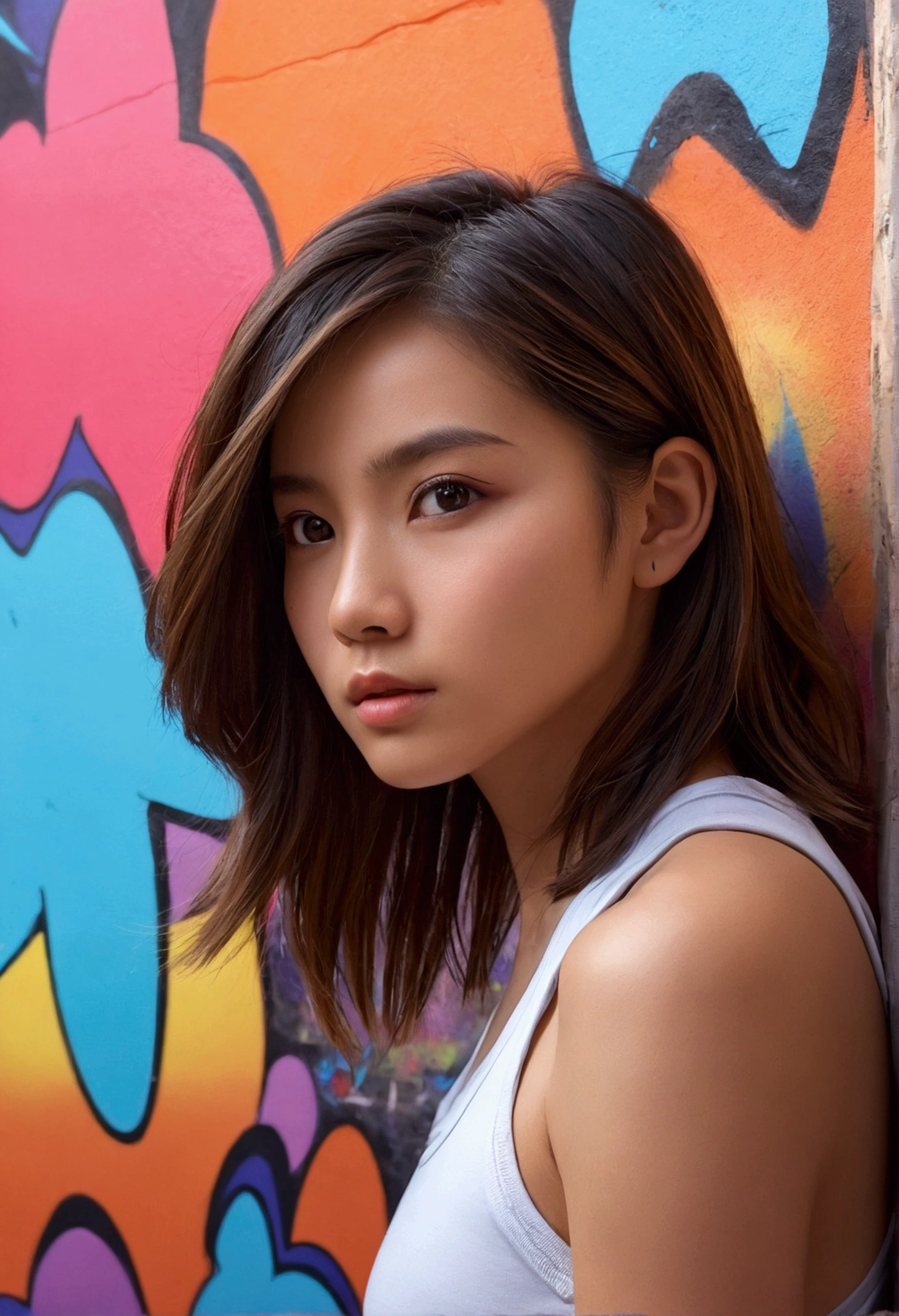 (best quality), masterpiece, 高度细致的 CG  8K 插painting, Boss, extremely Boss saturation, All colors are deepened, painting, Graffiti Art, Center Configuration, Highly detailed lighting and shadows, Graffiti Wall, wall paintinged bright, A girl graffiti A girl is looking at the wall, Very detailed face and eyes, Medium Length Hair, Sportswear, Colored clouds