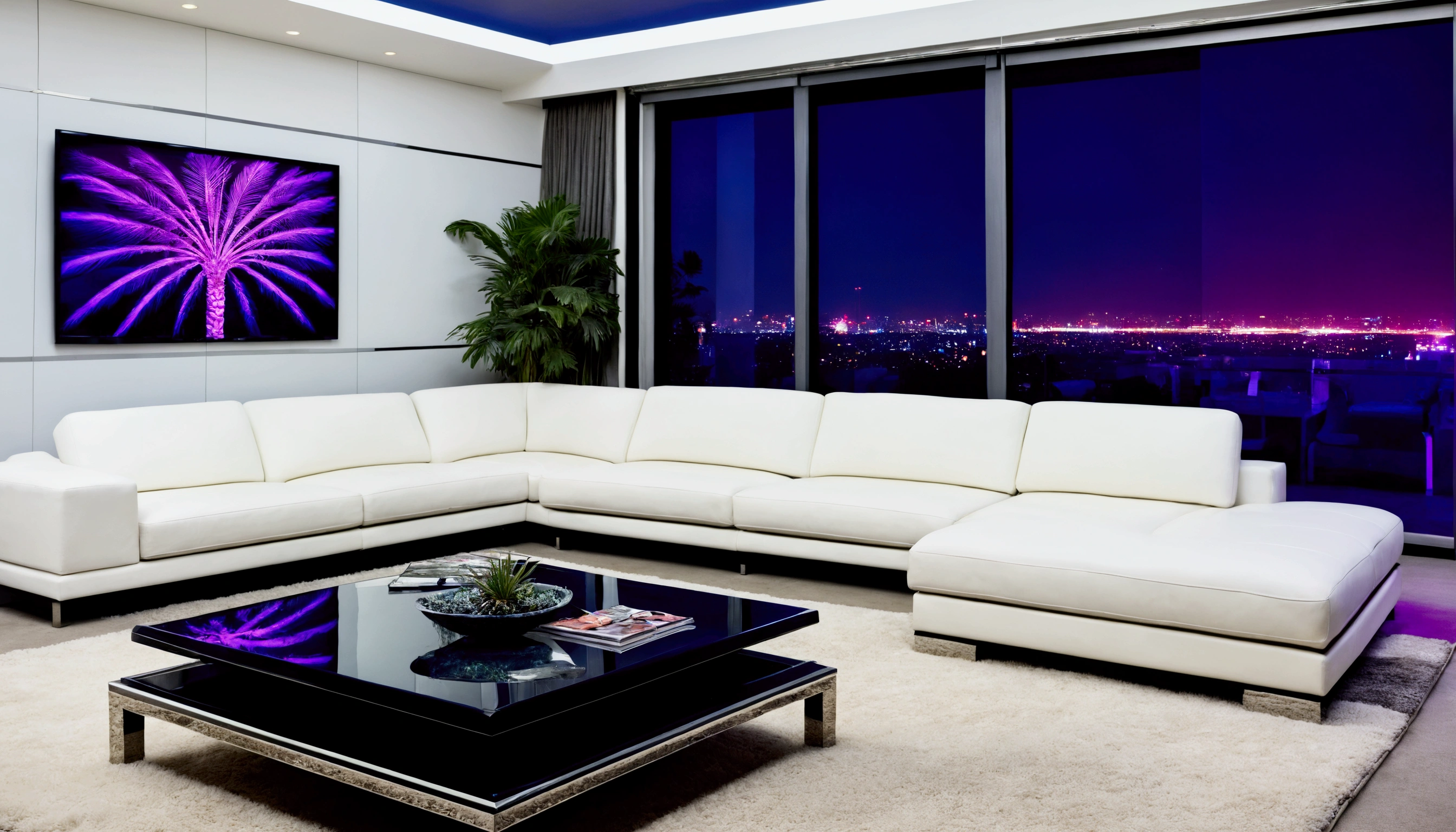 best quality, ultra hi res, photoreaslistic, a photograph of a spacious 80s penthouse living room with floor-to-ceiling windows overlooking a nighttime cityscape. White leather sectional sofa, glass and chrome coffee table, and a large geometric patterned rug in bold colors. Memphis-style side tables, a massive wall-mounted TV, and a neon art installation. Mirrored accent wall, track lighting, and large potted palm trees in the corners