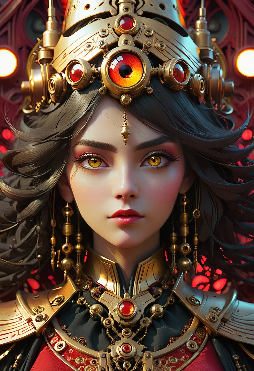 Ava Red, the Wizard of Magical Colors, mechanical priestess, Honky Tonk Girl, golden eyes, symmetrical eyes, character concept art, by WLOP, symmetrical portrait, symmetrical face, Artgerm, muted colors, soft light, cinematic camera, --ar 2:3 --stop 77