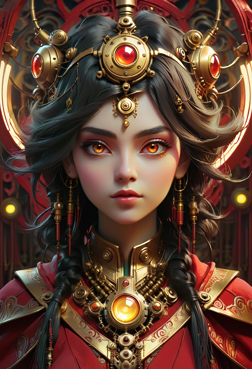 Ava Red, the Wizard of Magical Colors, mechanical priestess, Honky Tonk Girl, golden eyes, symmetrical eyes, character concept art, by WLOP, symmetrical portrait, symmetrical face, Artgerm, muted colors, soft light, cinematic camera, --ar 2:3 --stop 77