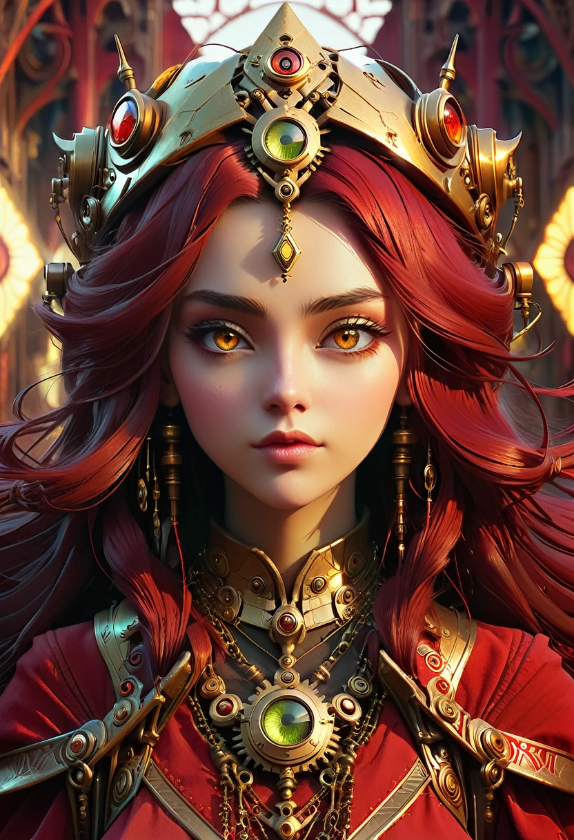 Ava Red, the Wizard of Magical Colors, mechanical priestess, Honky Tonk Girl, golden eyes, symmetrical eyes, character concept art, by WLOP, symmetrical portrait, symmetrical face, Artgerm, muted colors, soft light, cinematic camera, --ar 2:3 --stop 77