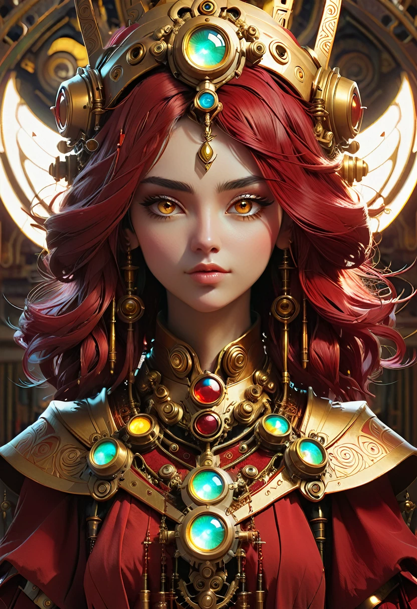 Ava Red, the Wizard of Magical Colors, mechanical priestess, Honky Tonk Girl, golden eyes, symmetrical eyes, character concept art, by WLOP, symmetrical portrait, symmetrical face, Artgerm, muted colors, soft light, cinematic camera, --ar 2:3 --stop 77