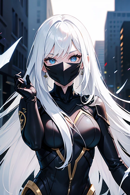 Superheroine drawing (women) stylized black suit, mask on the face, White hair, white skin and light eyes