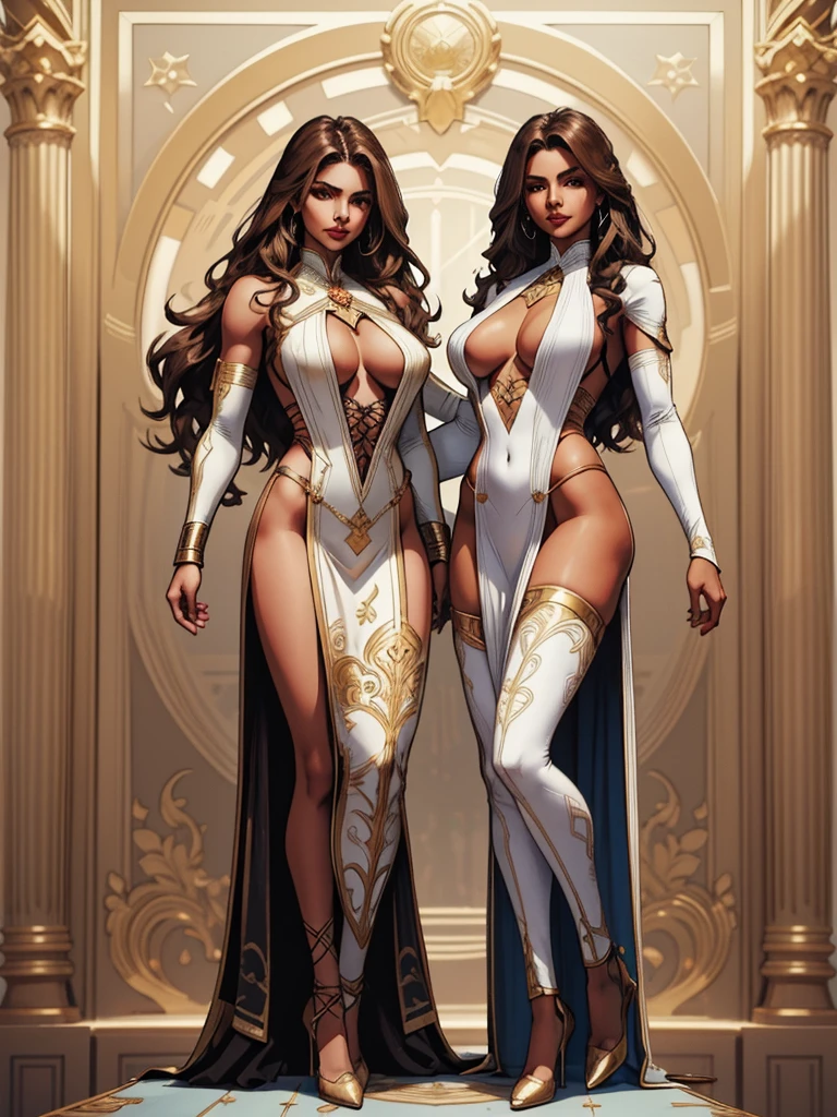 ((best quality)), ((4k)), ((highres)), ((masterpiece:1.2)). ((detailed)), ((ultra realistic)), ((intricate details)), ((full body picture)), ((character design sheet)), a full body picture of a beautifull hispanic female, hispanic woman, dark olive skin, hispanic princess, hispanic model, perfect face, detailed eyes, detailed lips, ((luscious red lips)), about 25 years old, about 6'0 ft. tall, long wavy brown hair, ((emphasis on her long wavy brown hair)), pretty, feminine woman, hourglass figure, perfect body, well toned body, dressed in a long white halter dress with leg slit, strappy lace up high heels, showing cleavage, multi-colored outfit, predominantly white outfit with golden and blue adornaments, glamorous, glamorous model, regal, superhero character, superhero concept art, superhero character concept art, full body, full body concept art, full body art