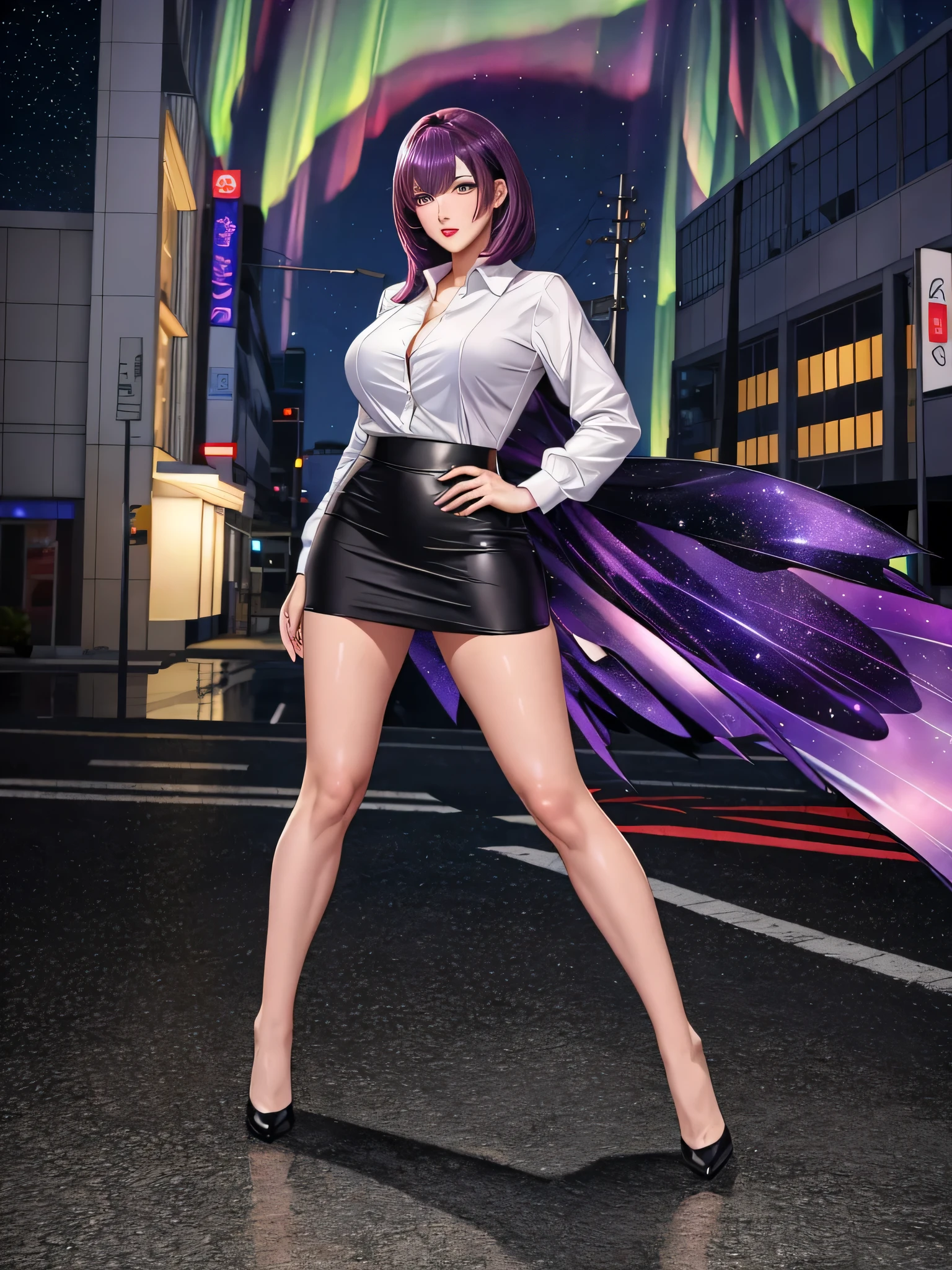 office lady, high resolution, Masterpiece, Anatomically correct, Highly detailed, realistic textures, blushing, dark purple hair, Bangs between the eyes, big breasts, BIG ASS, purple eyes, woman is salking on street, night sky, aurora backgroung, white shirt, short skirt, full body, Embarrassed, serious, Sparkling eyes, Contemptuous look, red lips, Big eyes, 