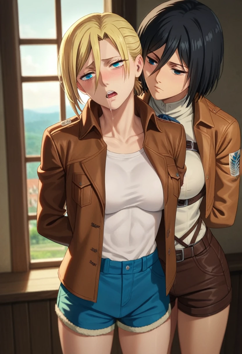 score_9, score_8_up, score_7_up, score_6_up, (by blade \(galaxist\):.6), (by null:.5), flat color, 2girls, yuri, attack on titan, mikasa, annie leonhart, annie and mikasa, depressed, bags under eyes, half-closed eyes, standing, pov, front view, pov, delinquent, flat shading, minimalism, blue eyes, medieval home, indoors, medieval interior, arms behind back, saliva, seductive expression, large breasts, yuri, mikasa and annie embrace each other, mikasa and annie standing in seductive pose, annie leonhart (short, blonde, wearing brown leather stocking, wearing brown leather jacket, shorts), mikasa (tall, black hair, muscular)