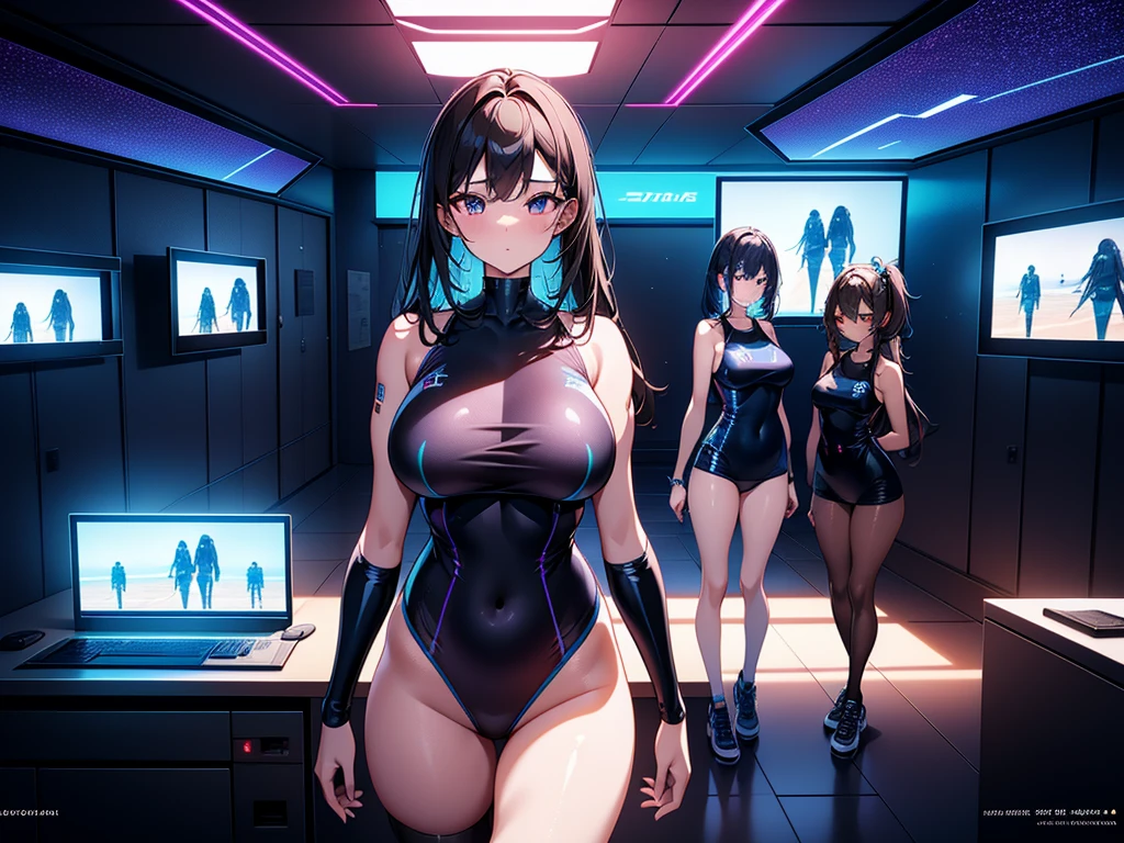 ((1 cyborg woman)),((huge breasts, naked breasts, naked pussy, completely naked, blue clitoral piercing)),((standing, futuristic room)),((serious face)),((with many Bubian hair, with scientist's coat)),((short black hair with short ponytail on the left side, bright yellow eyes)),((facing the viewer, holding a tablet)),((standing in room futuristic)),