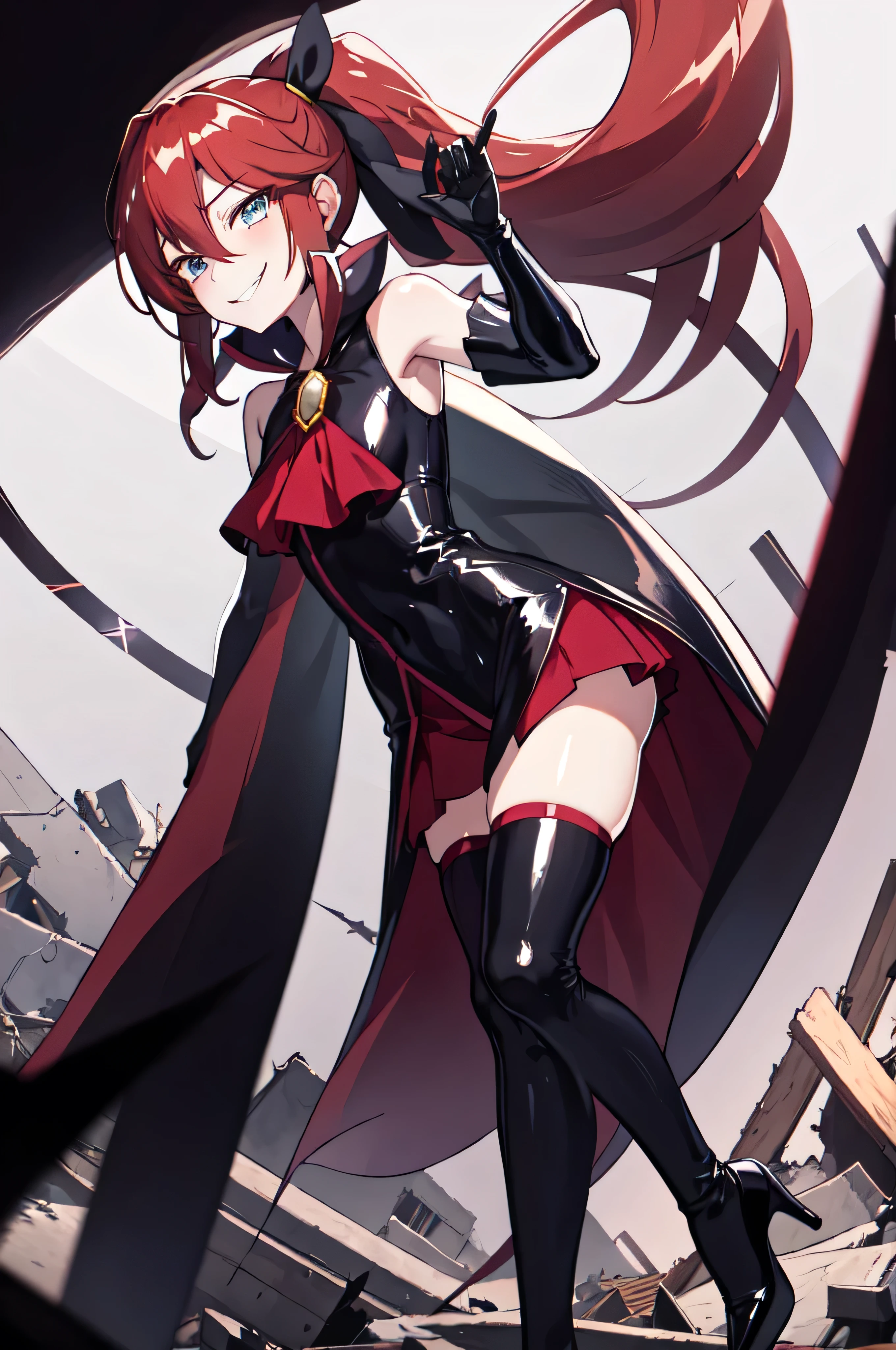 Highest quality, masterpiece, One Girl,Not beautiful, Red Ponytail, Long dress, brooch, Hair Ribbon, - Elbow hand pockets, Black knee socks, Standing on the rubble, (Wicked Smile:1.1), ,,Dark shadowed face,Sadistic smile,Malice,Contempt,smile,latex,Bad face,,Red Skirt,two hands,Two legs,five fingers,evil background,elbow gloves,latex, Wicked Smile, devilish aura (Shiny fabric:1.5),Dark world background,solo,