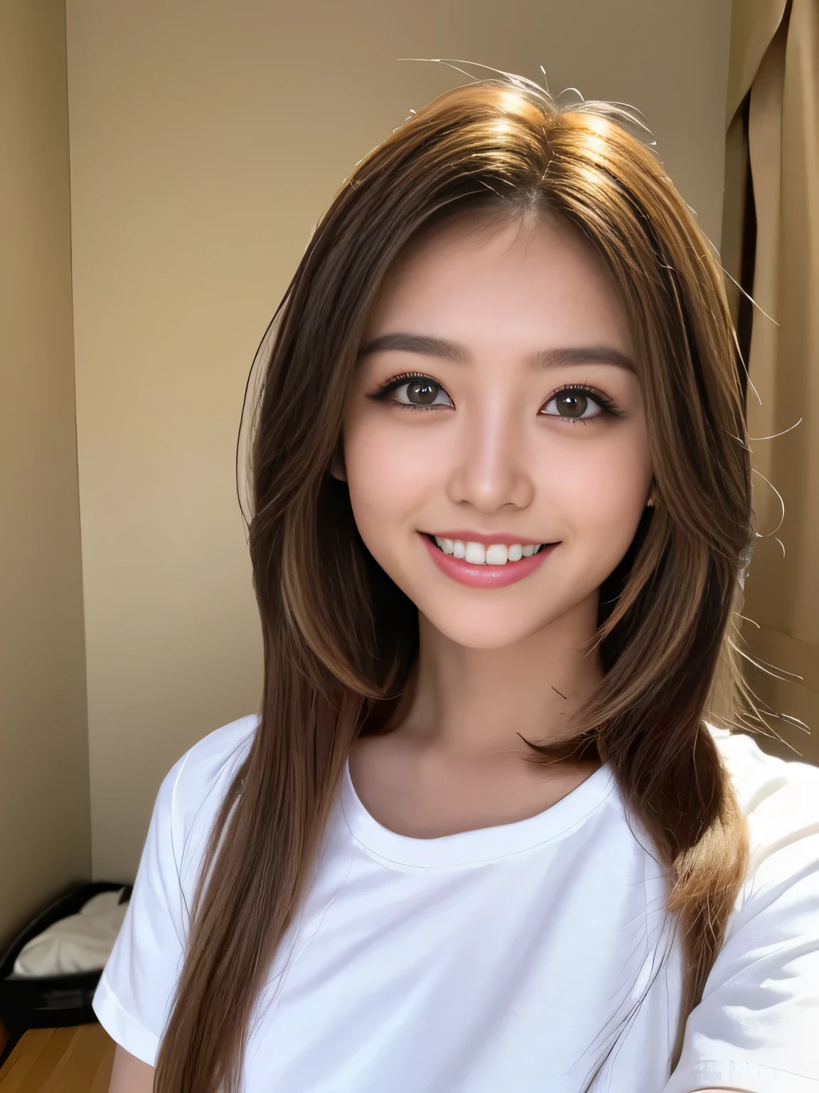 One Japanese woman、30 years old、Close-up photo with focus on face、Black Background、Focused eyes、Detailed eyes、Detailed face、Light brown hair、White T-shirt、Brown eyes、Smiling with teeth showing、
