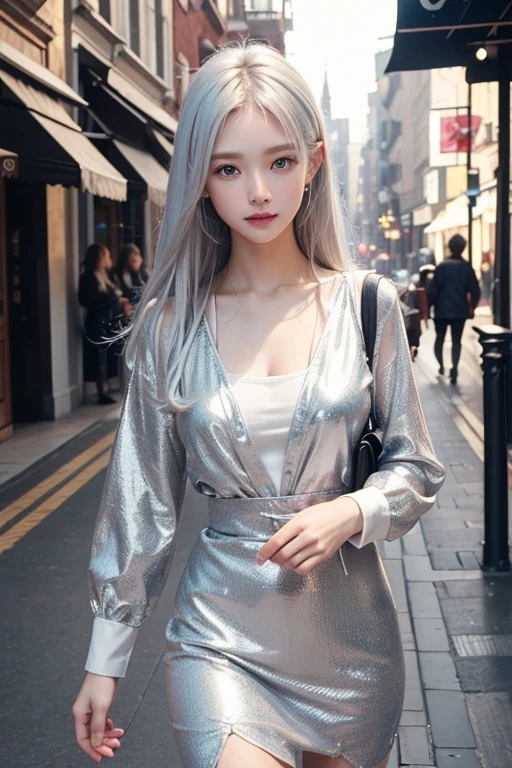 masterpiece, (best quality:1.4), Practical, Highly detailed CG unified 8k wallpaper, Gentle details, HD RAW color photography, Professional photography, Practical portrait, light, Beautiful details, 1 Girl, Charming model Nata Lee, ((Light silver hair)), 21-year-old beauty, Walking through Cafe Street, figure.