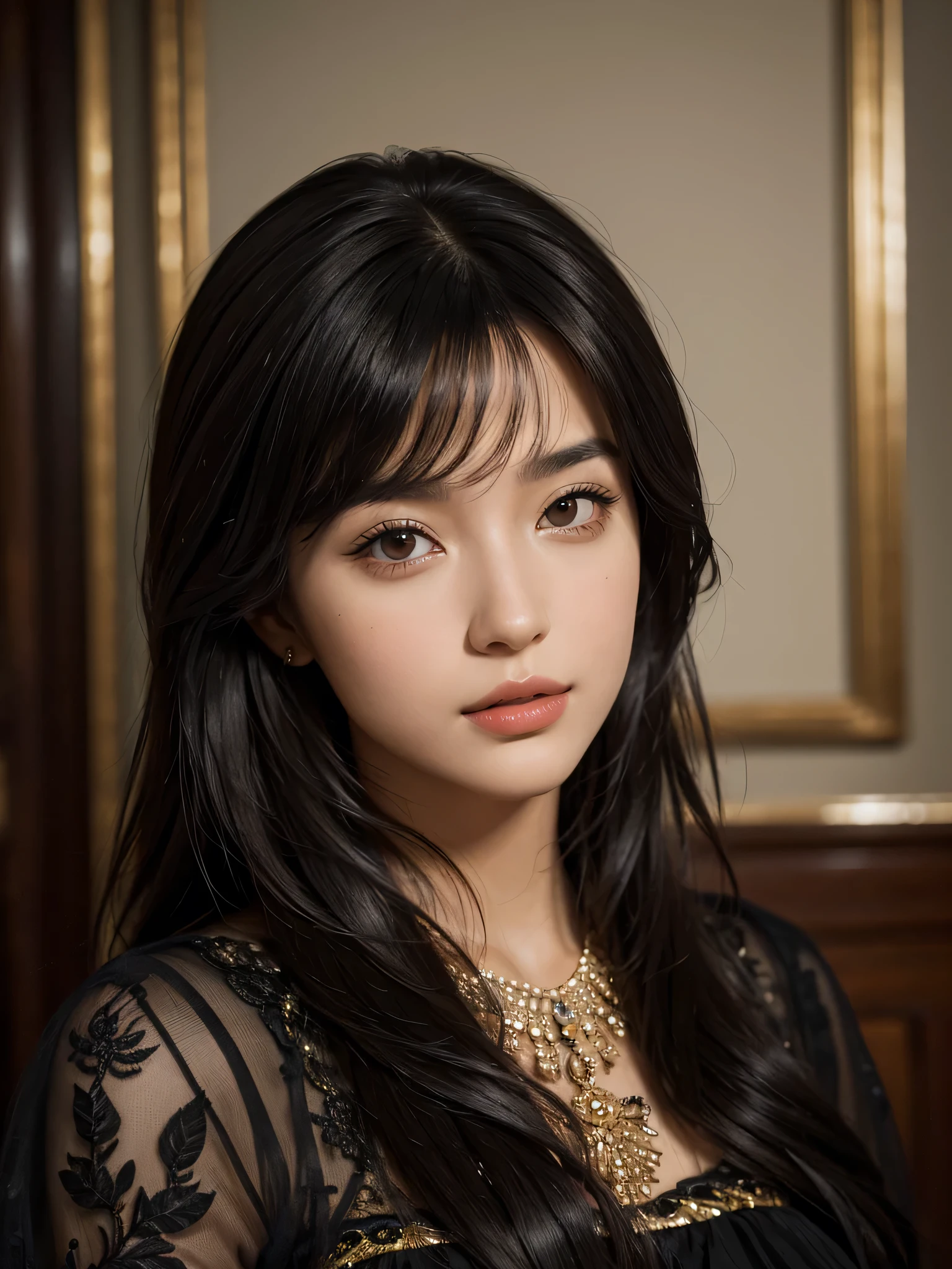 (best quality), (masterpiece), the most beautiful woman in the world, with brown hair, (beautiful:1.3), (attractive:1.3), elegant, (black hair:1.3), (intricate details:1.1), (hyperrealistic:1.2), (classic portrait), (vibrant:0.9)