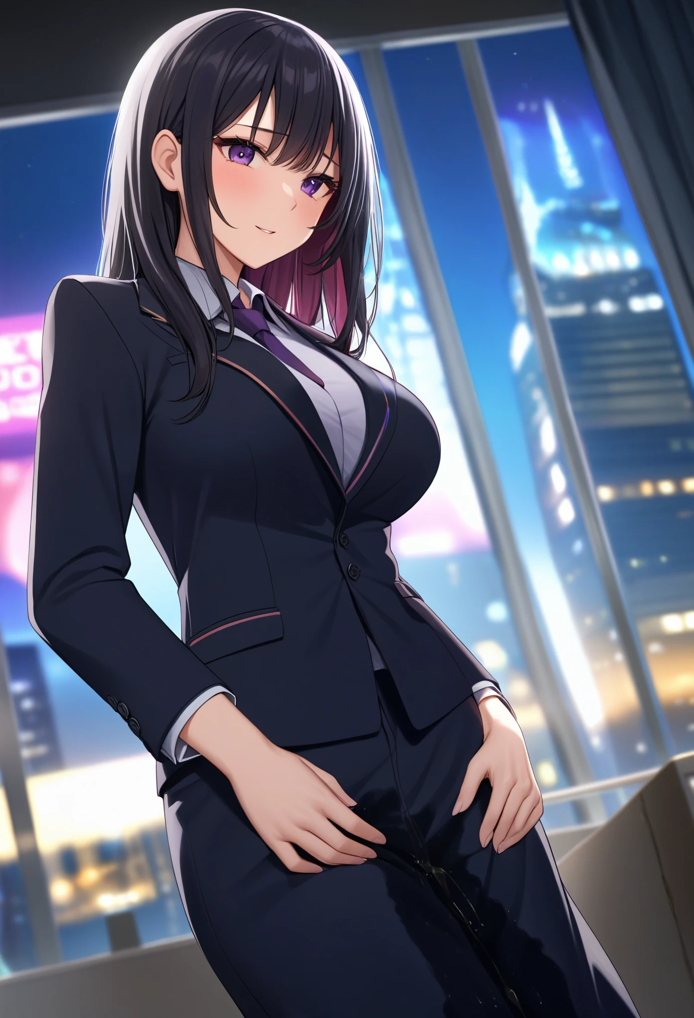 woman, very dark purple hair, purple eyes, long hair, huge breasts, black business suit, two-piece suit, necktie, pencil dress, (long dress:1.5), standing straight, (wetting herself:2.0), best quality, ultra-detailed, HDR, studio lighting, professional, vivid colors, sharp focus, bokeh, landscape, office, night, window, cityscape, colorful city, neon lights, futuristic, science fiction, soft lighting, dynamic shadows, embarrassed, humiliation, blushing, angry, tears, facing viewer, (hands on hips:1.5)