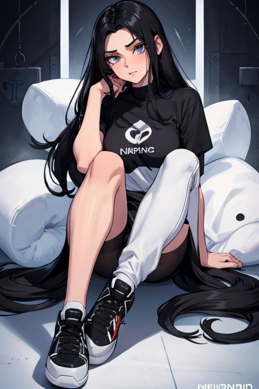 Age 22, White skin girl, almost speaks, Bblack hair, extremely long hair, Cramped, black pantyhose, black sneakers, Bblack hair, hair between the eyes, White hair, cloused mouth, range, cabelo bagunçado saia formal Bblack hair grande extremely long hair olhos cinzas
