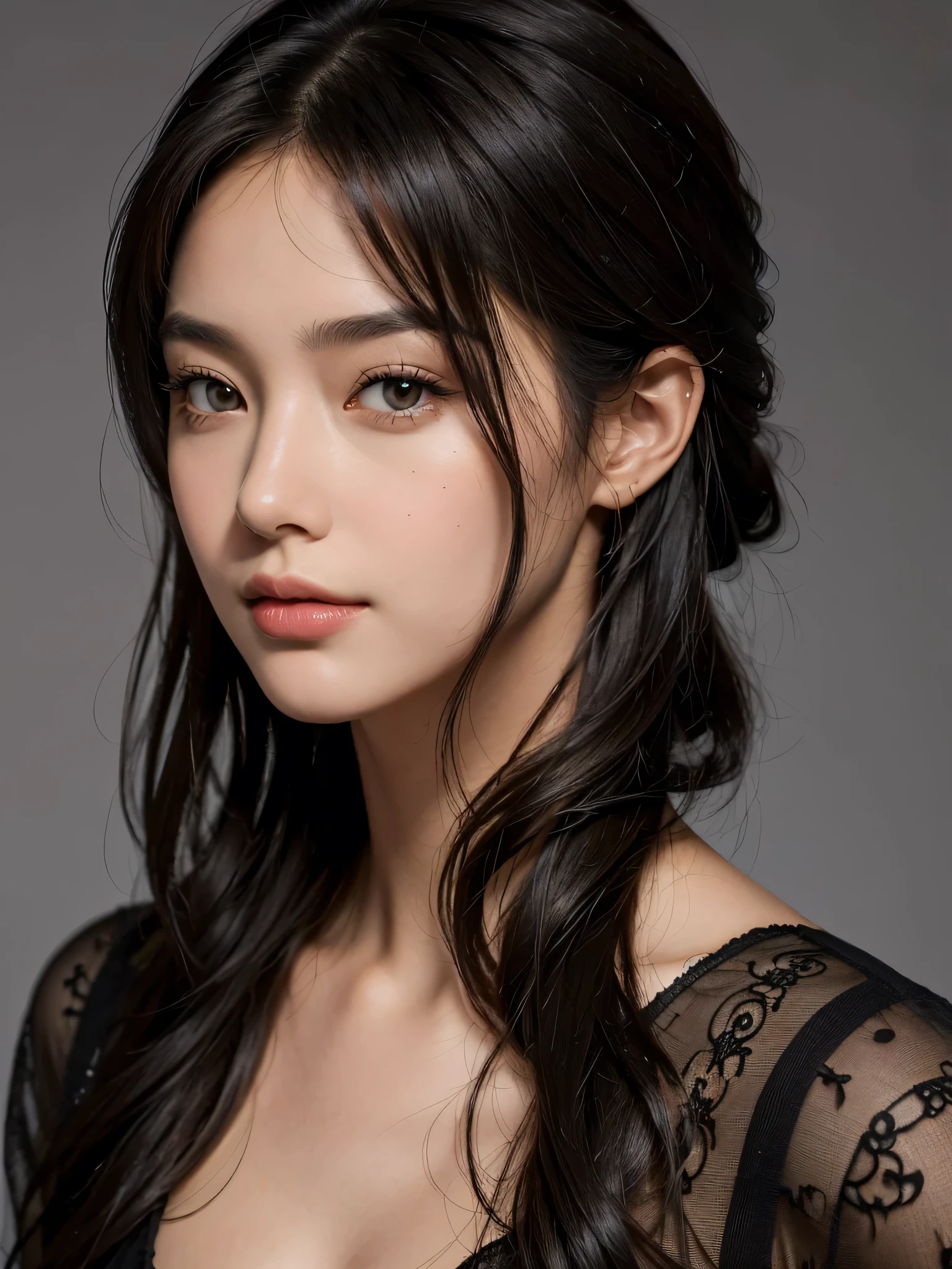 (best quality), (masterpiece), the most beautiful woman in the world, with brown hair, (beautiful:1.3), (attractive:1.3), elegant, (black hair:1.3), (intricate details:1.1), (hyperrealistic:1.2), (classic portrait), (vibrant:0.9)
