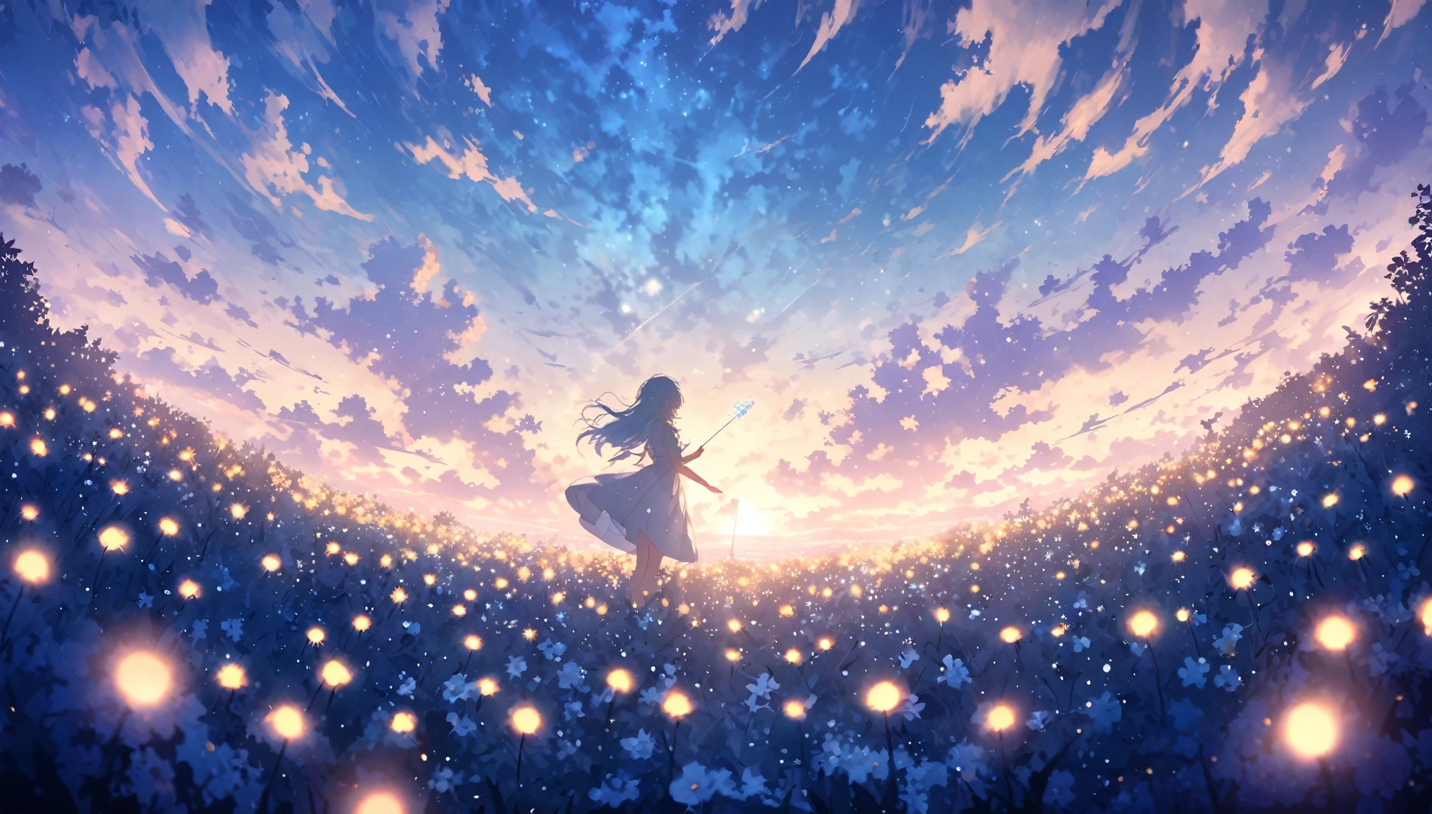blue sky, White clouds floating in the distance, Standing on a sea of flowers, holding a fairy wand、There are fireflies flying around. The background is filled with cloud flowers of all sizes., Creates a dreamy, dreamy atmosphere with blue tones. High-definition anime style, High resolution. , Capturing the vastness of nature. Soft lighting creates a warm atmosphere.