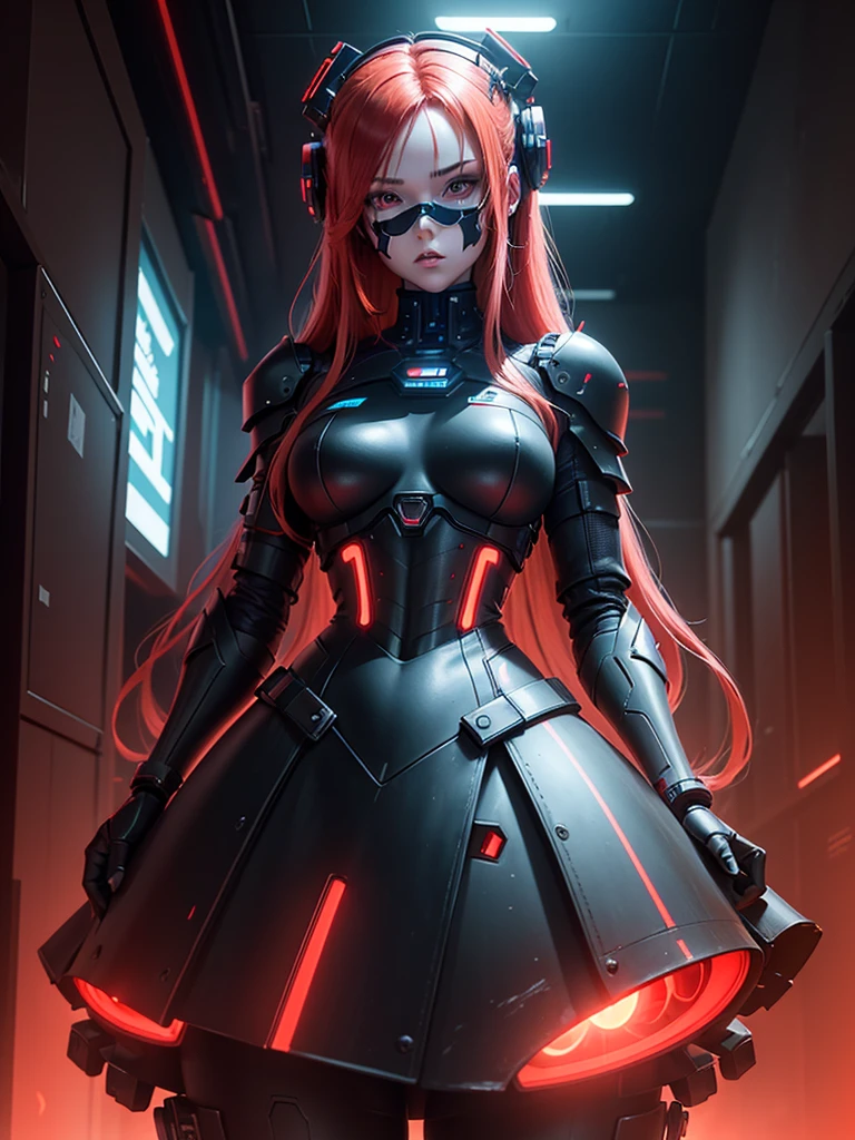 View from below, angle from below, flat horizon photo, Girl android , she has long red hair, she has a mask on her face, a respirator, a woman with sexy hips, half cyborg, technological modifications. Beautiful face, black metal cybernetic android robot body in black color, Large, wide hips, suit with red indicator lines with many red details, cybernetic armor with a red glow from under the joints and joints, she has blue eyes , frame with a flat horizon, Anime Style Photography , Red Lasers, black background Cyberpunk style, the camera films Her from below, lower angle of photography, black background image of a night black city and red neon lights, red lamps, red lighting, red flashes in the background
