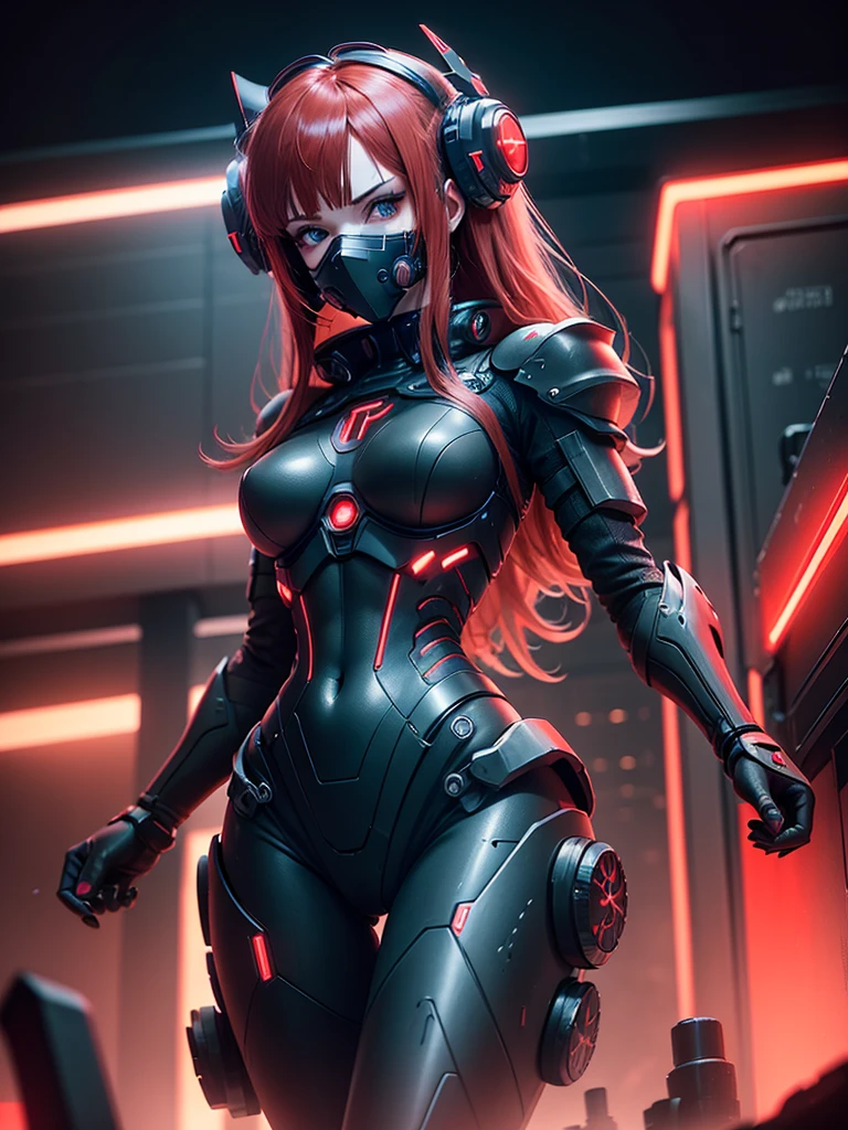 View from below, angle from below, flat horizon photo, Girl android , she has long red hair, she has a mask on her face, a respirator, a woman with sexy hips, half cyborg, technological modifications. Beautiful face, black metal cybernetic android robot body in black color, Large, wide hips, suit with red indicator lines with many red details, cybernetic armor with a red glow from under the joints and joints, she has blue eyes , frame with a flat horizon, Anime Style Photography , Red Lasers, black background Cyberpunk style, the camera films Her from below, lower angle of photography, black background image of a night black city and red neon lights, red lamps, red lighting, red flashes in the background