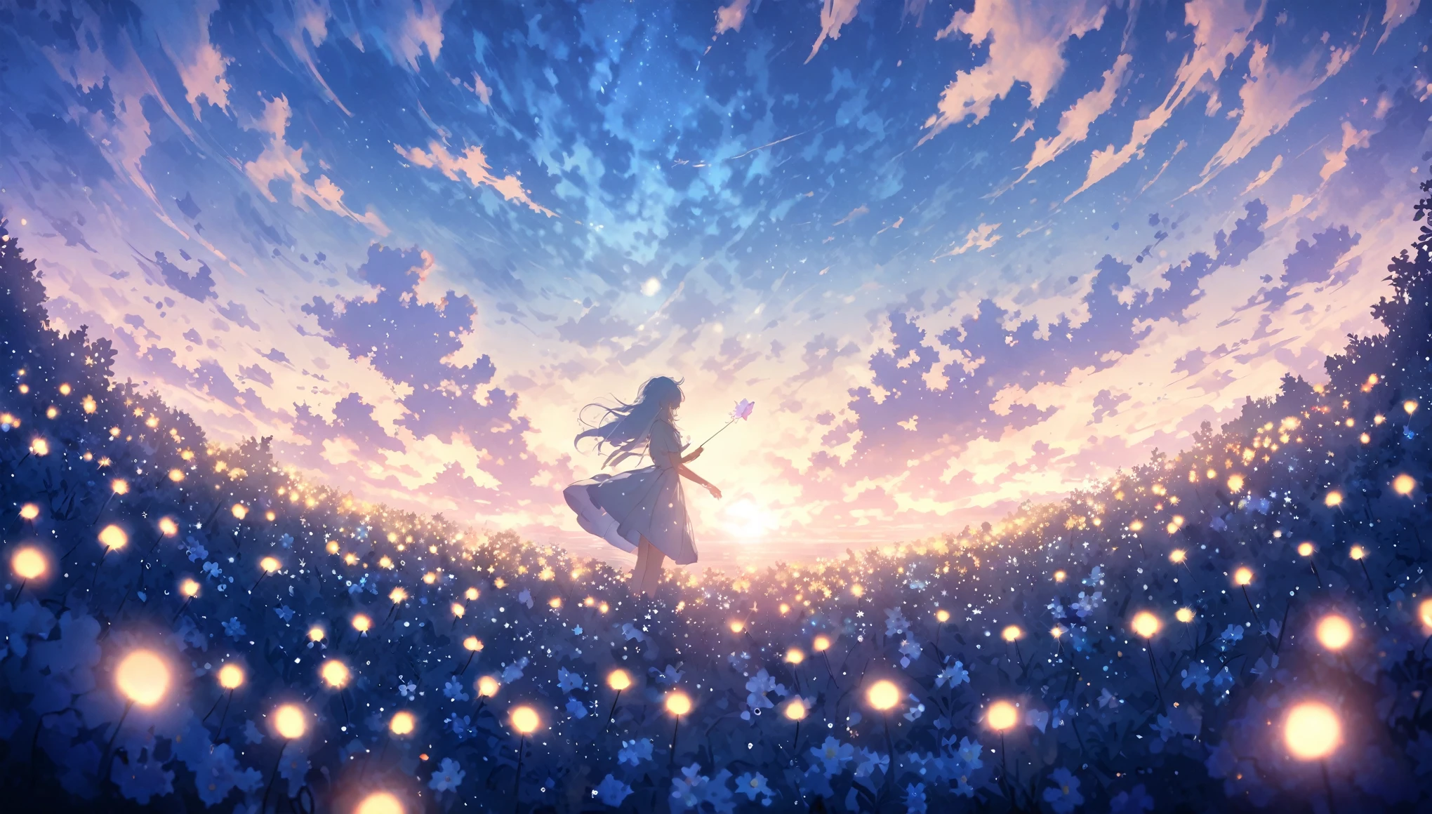 blue sky, White clouds floating in the distance, Standing on a sea of flowers, holding a fairy wand、There are fireflies flying around. The background is filled with cloud flowers of all sizes., Creates a dreamy, dreamy atmosphere with blue tones. High-definition anime style, High resolution. , Capturing the vastness of nature. Soft lighting creates a warm atmosphere.