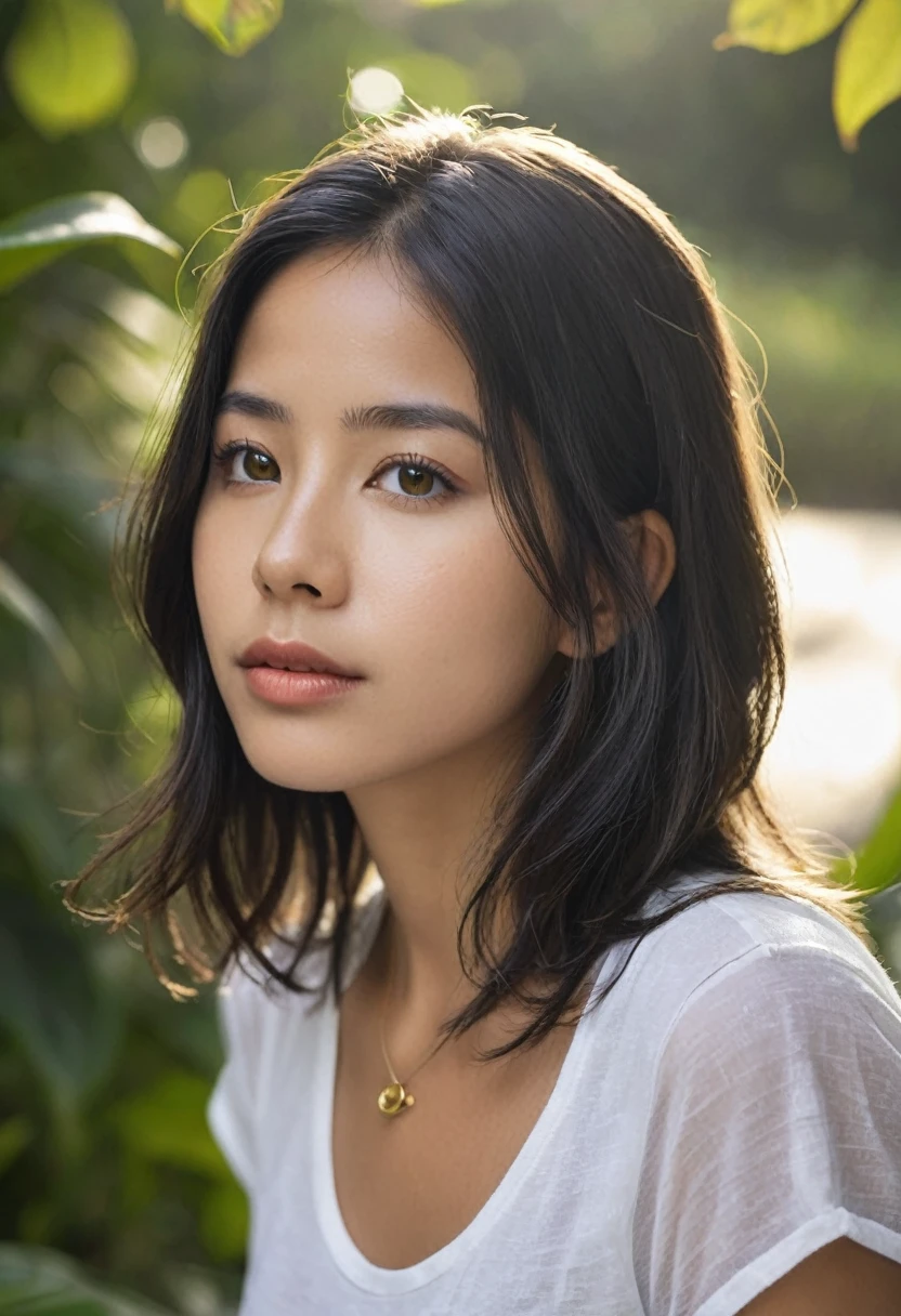 Portrait photoréaliste d'une jeune colombienne de 21 ans aux cheveux noirs et fluides et aux yeux foncés saisissants. Elle doit avoir une expression naturelle et accessible et être éclairée par une lumière douce et dorée. L'arrière-plan doit être un décor extérieur pittoresque, par exemple un parc ou une plage ensoleillés. Capturez cette image avec une photographie haute résolution en utilisant un objectif de 85 mm pour une perspective flatteuse.