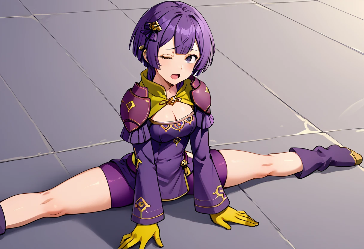 white hairband, shoulder armor, orange dress, underwear, belt, fingerless gloves, thighhighs, boots, purple hair, One girl, An athletic body, Sitting, On the floor, Split Horizon, stretch, horizontal splits, smile, stretch regs