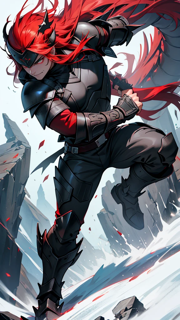 Create an image of a young man full body character, offwhite, long red hair, Eyes red, who is wearing completely black armor that resembles a dragon, and wears a helmet that resembles a dragon, reminiscent of berserker guts armor, she will have claws with black blades similar to that of a wolverine coming out of her fists..