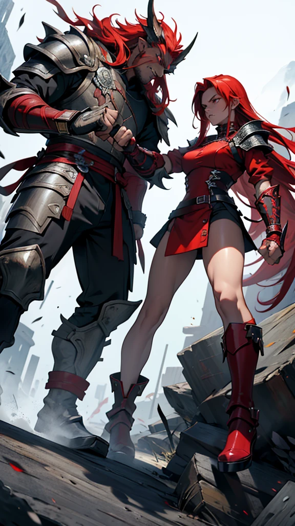Create an image of a young man full body character, offwhite, long red hair, Eyes red, who is wearing completely black armor that resembles a dragon, and wears a helmet that resembles a dragon, reminiscent of berserker guts armor, she will have claws with black blades similar to that of a wolverine coming out of her fists..