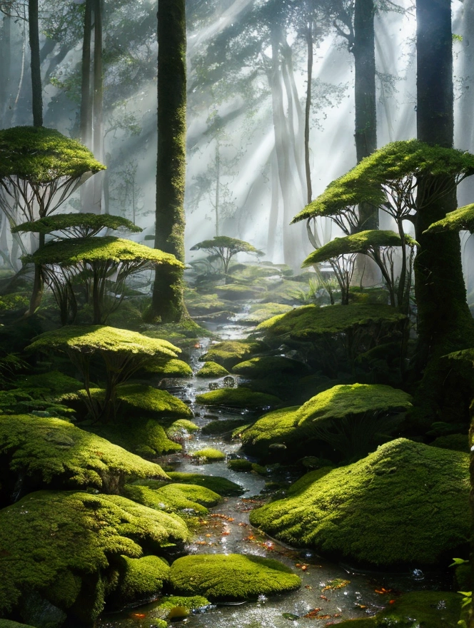 A hyper-realistic forest landscape with enormous crystal formations, 8k resolution, photorealistic, detailed vegetation, towering trees, massive quartz crystals emerging from the ground, varying sizes of crystals, some crystals taller than trees, sunlight refracting through crystals, creating rainbow effects, misty atmosphere, forest floor covered in moss and ferns, small streams winding between crystals and trees, birds perched on crystal formations, time of day: early morning, cinematic lighting, depth of field