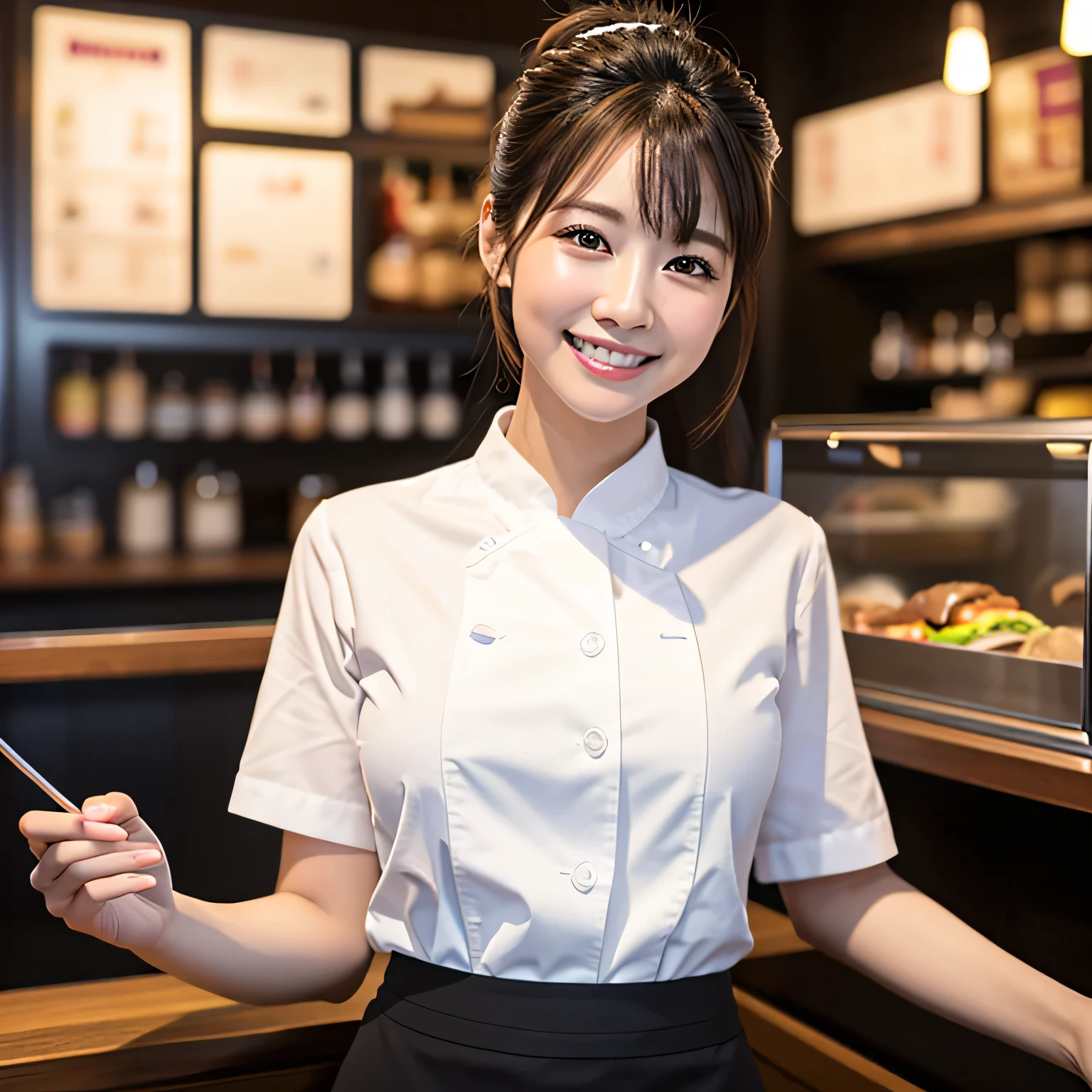 (Tabletop、Highest quality、8k、Award-winning works、Ultra-high resolution)、Beautiful burger shop attendant、(White polyester shirt:1.1)、(Elegant black pants:1.1)、(The most accurate and perfect apron:1.1)、(Big Breasts:1.1)、elegant bun、The biggest smile looks at me、Smiling with beautiful teeth、Most of them emphasize the body line.、The most natural and perfect burger shop background、(Everything is perfectly organized、Regularly arranged.:1.1)、(The perfect mouthwatering burger:1.1)、(Mouthwatering perfect authentic fries:1.1)、(Detailed burger with the most realistic texture:1.1)、Perfectly organized、The most natural burger shop、Blurred Background、Accurate anatomy、Ultra HD Hair、Ultra-high resolution for perfect, beautiful teeth、Ultra-high definition beauty face、Ultra HD Hair、Ultra-high definition sparkling eyes、Shining, Ultra-high resolution beautiful skin、Ultra-high resolutionの艶やかな唇、Elegant makeup、